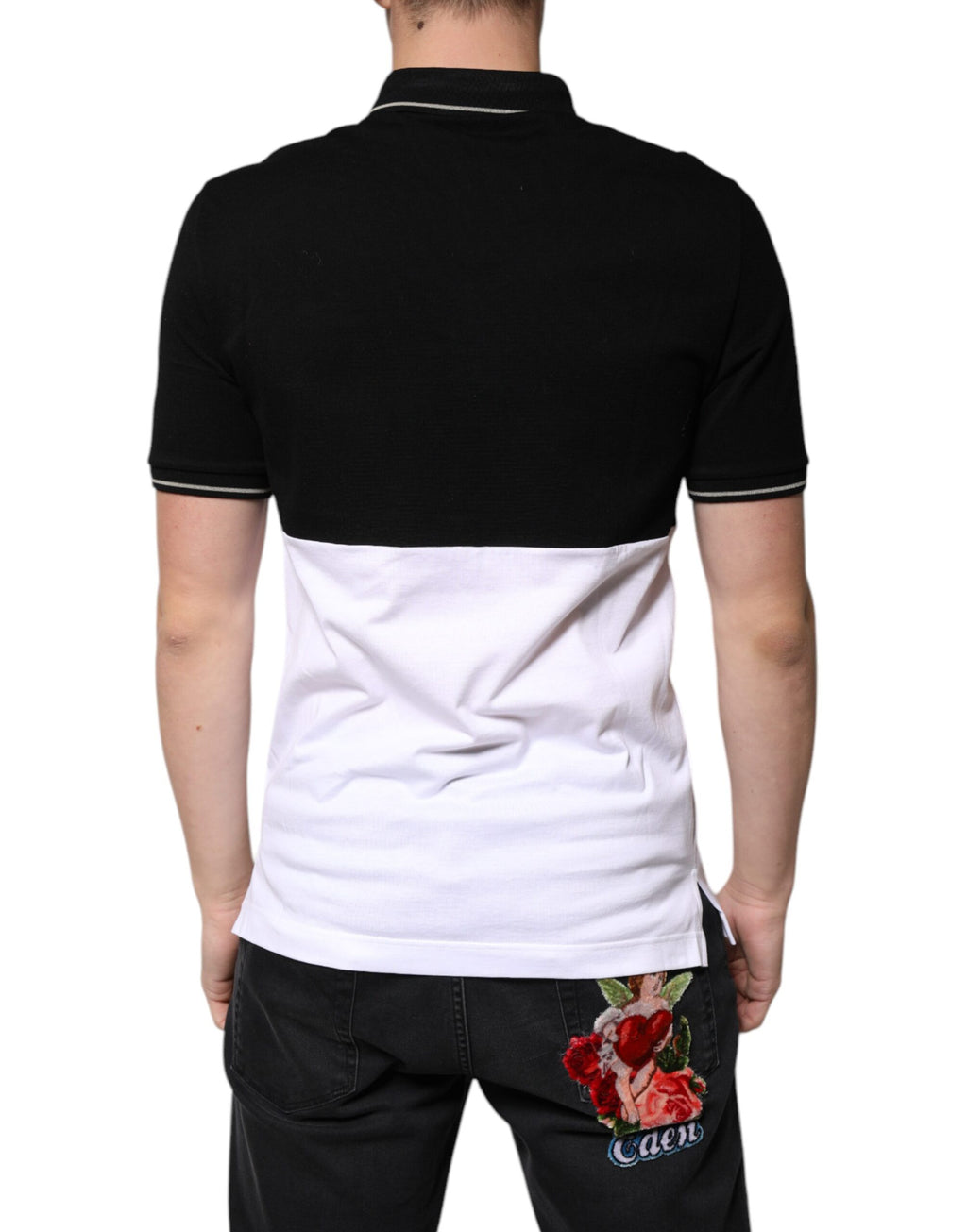 Polo à manches courtes en coton noir et blanc de Dolce & Gabbana, style classique et élégant pour homme.