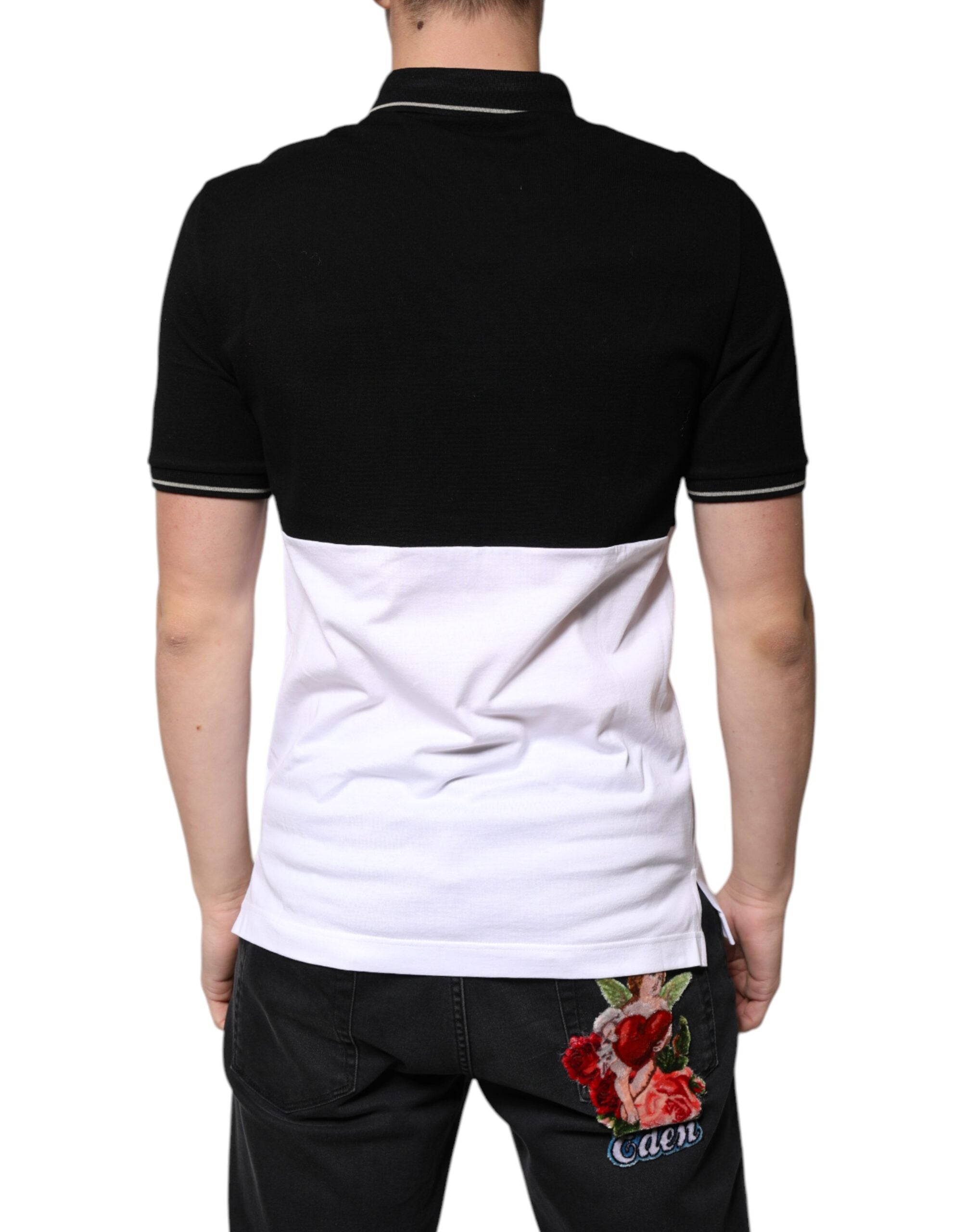 Polo à manches courtes en coton noir et blanc de Dolce & Gabbana, style classique et élégant pour homme.