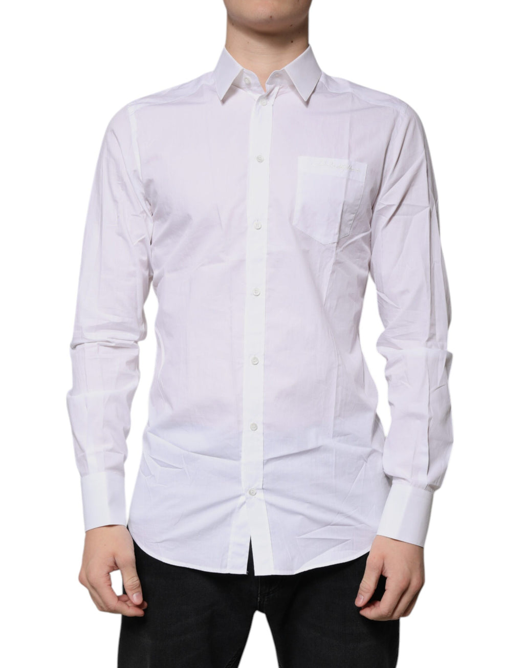 Chemise blanche en coton à manches longues Dolce & Gabbana avec détails dorés, vue de face.