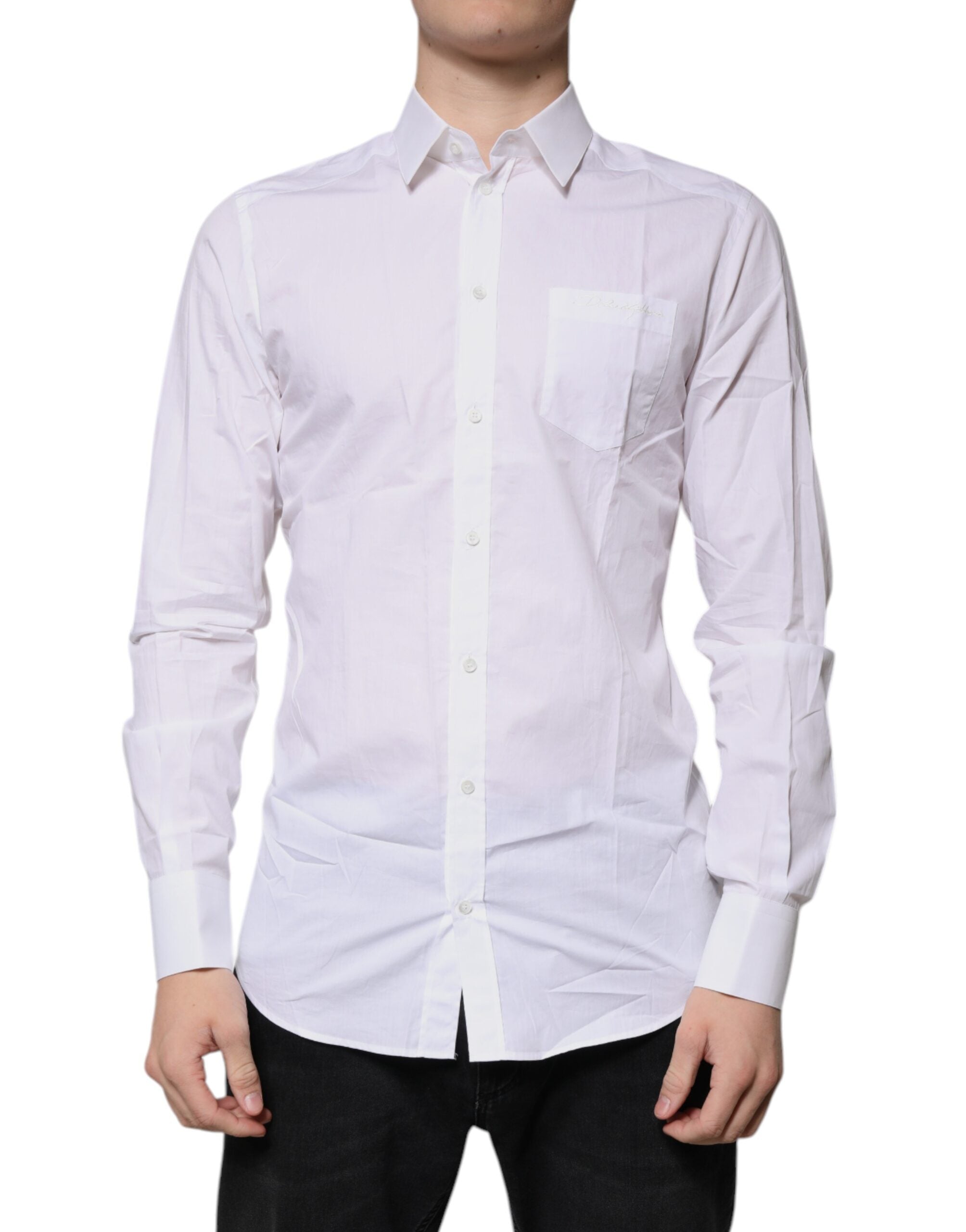 Chemise blanche en coton à manches longues Dolce & Gabbana avec détails dorés, vue de face.