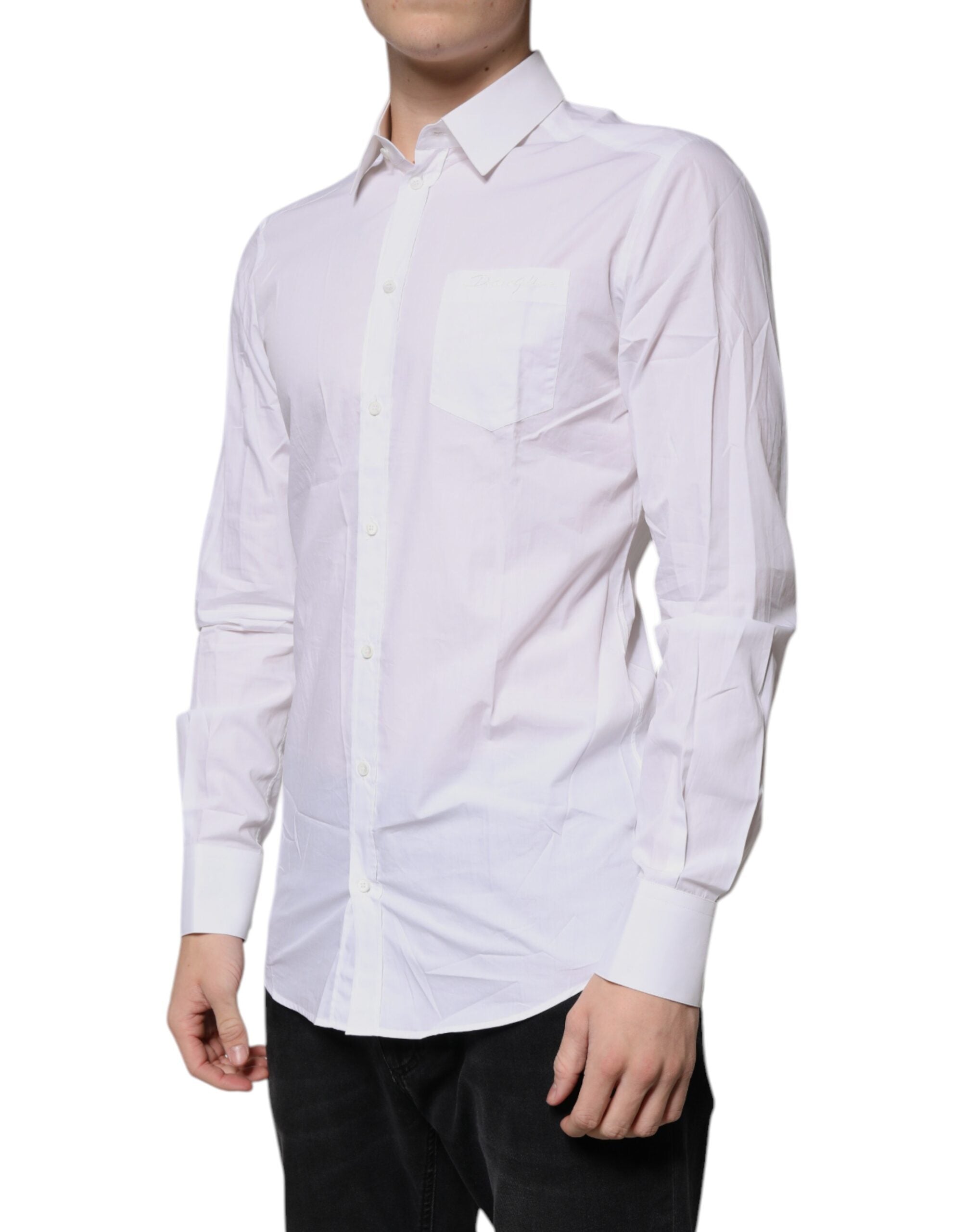 Chemise blanche en coton à manches longues Dolce & Gabbana avec détails dorés, élégante et sophistiquée.