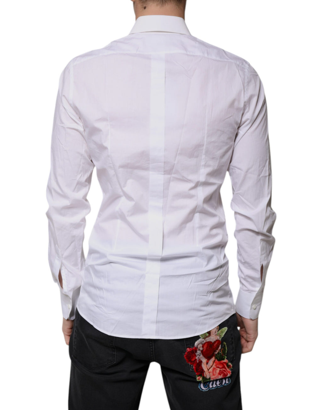 Chemise blanche en coton à manches longues Dolce & Gabbana, chemise élégante avec détails dorés.