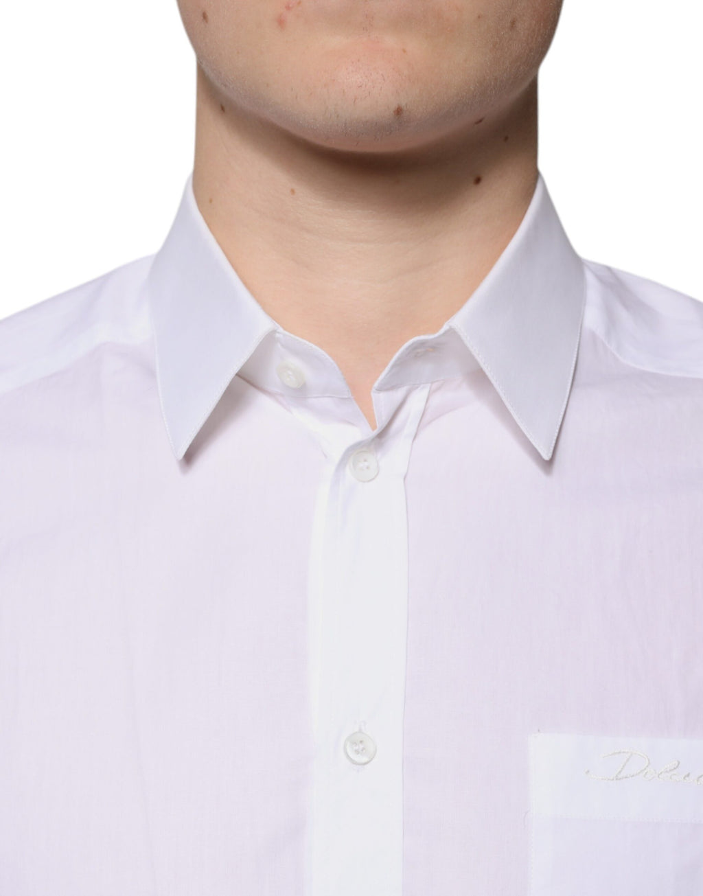 Chemise blanche en coton à manches longues Dolce & Gabbana avec détails dorés, élégante chemise de marque de luxe.