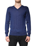 Pull en cachemire bleu navy Dolce & Gabbana à col en V, vue de face, avec détails de texture.