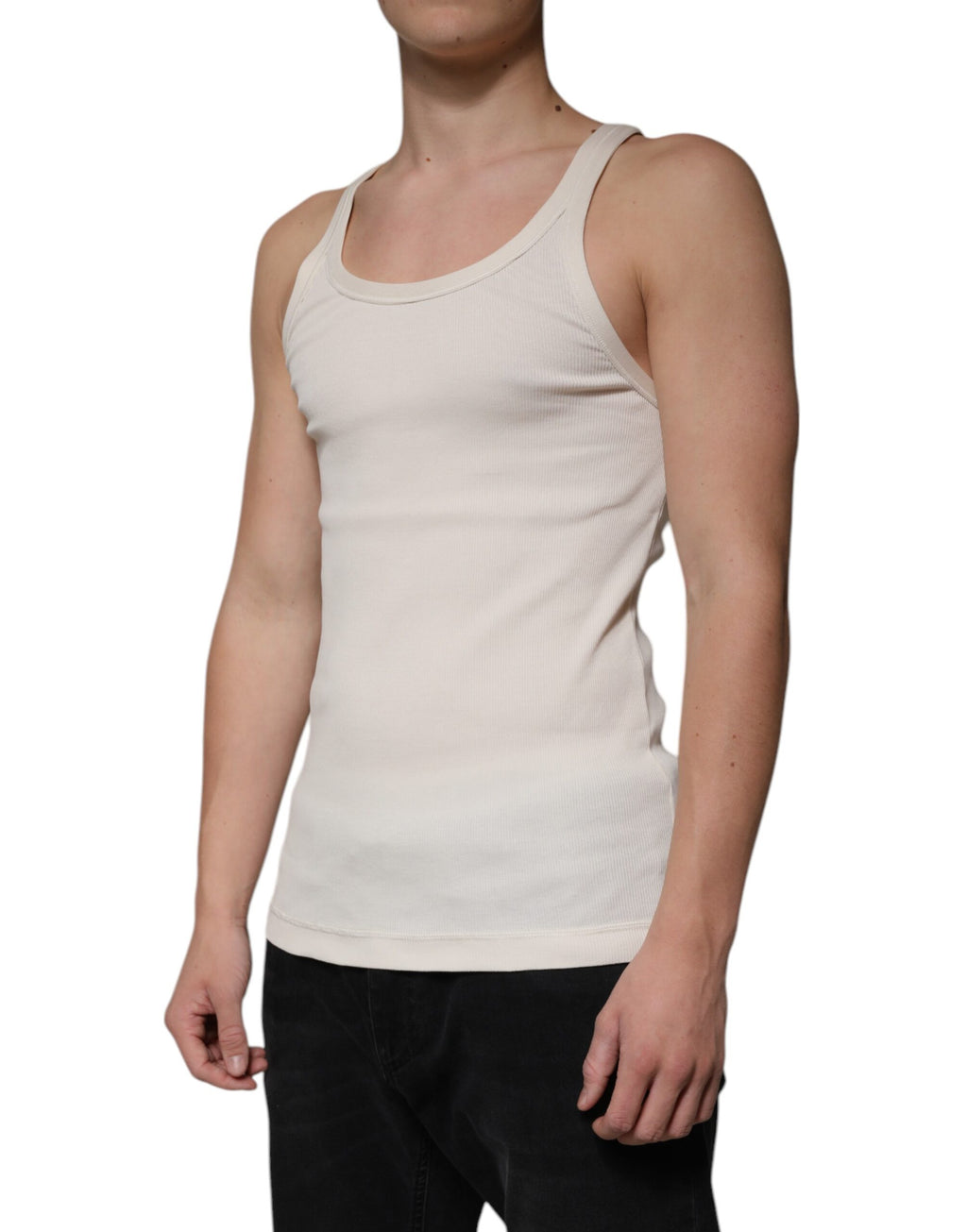 T-shirt sans manches en coton blanc crème de Dolce & Gabbana avec col rond, vue de face.