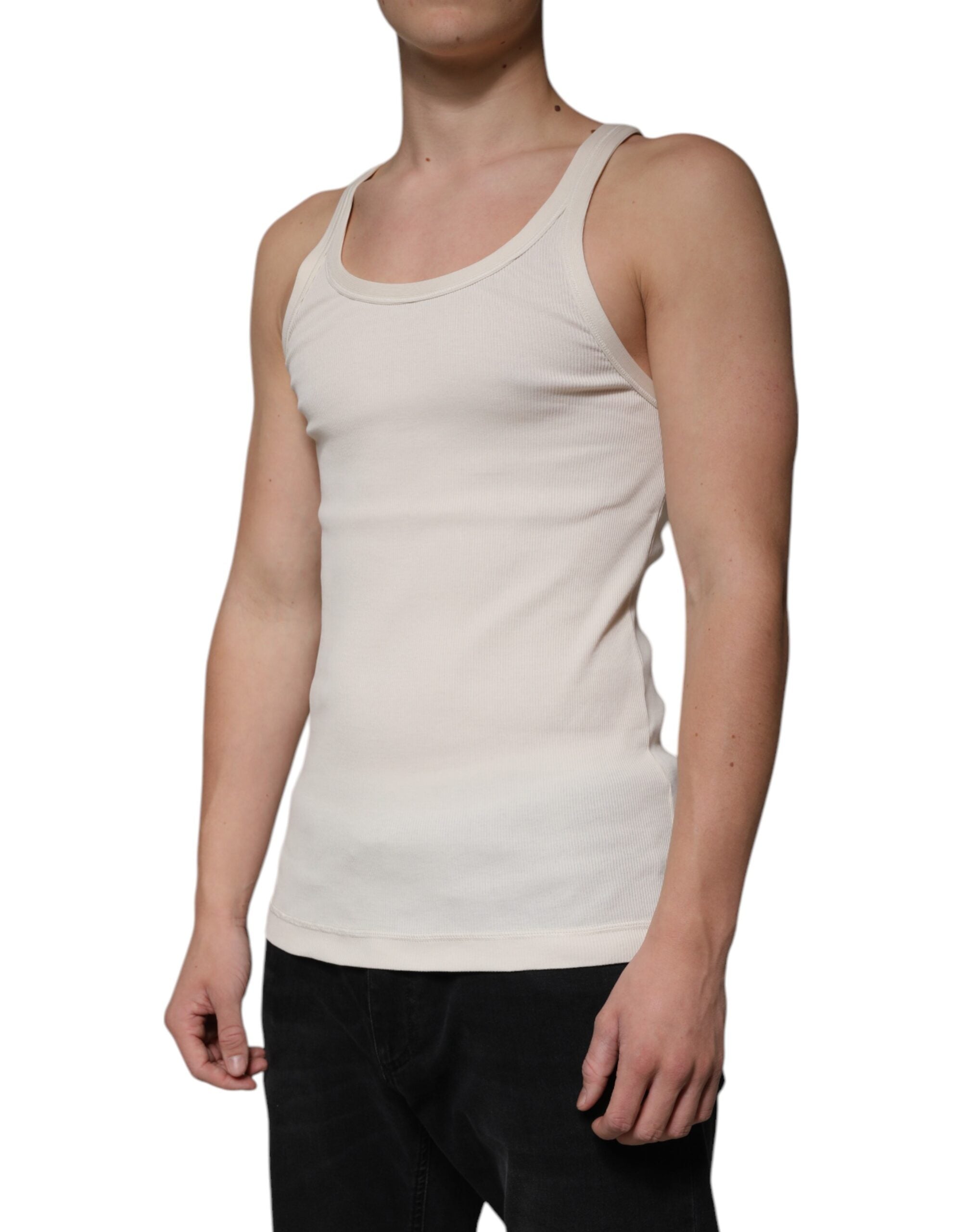 T-shirt sans manches en coton blanc crème de Dolce & Gabbana avec col rond, vue de face.