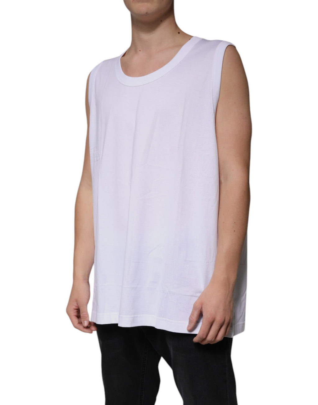 T-shirt sans manches en coton blanc de Dolce & Gabbana avec col rond, vue de face.
