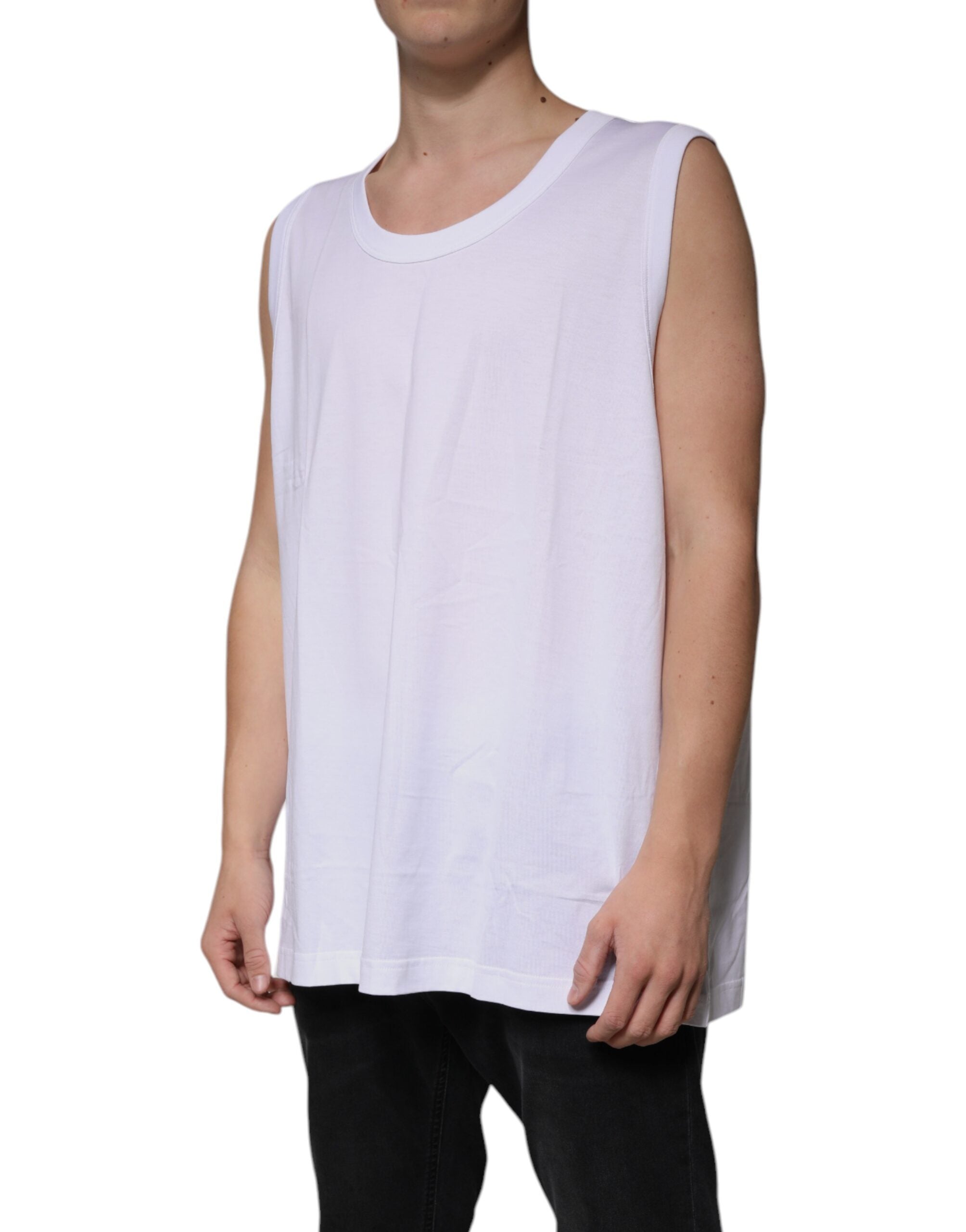 T-shirt sans manches en coton blanc de Dolce & Gabbana avec col rond, vue de face.