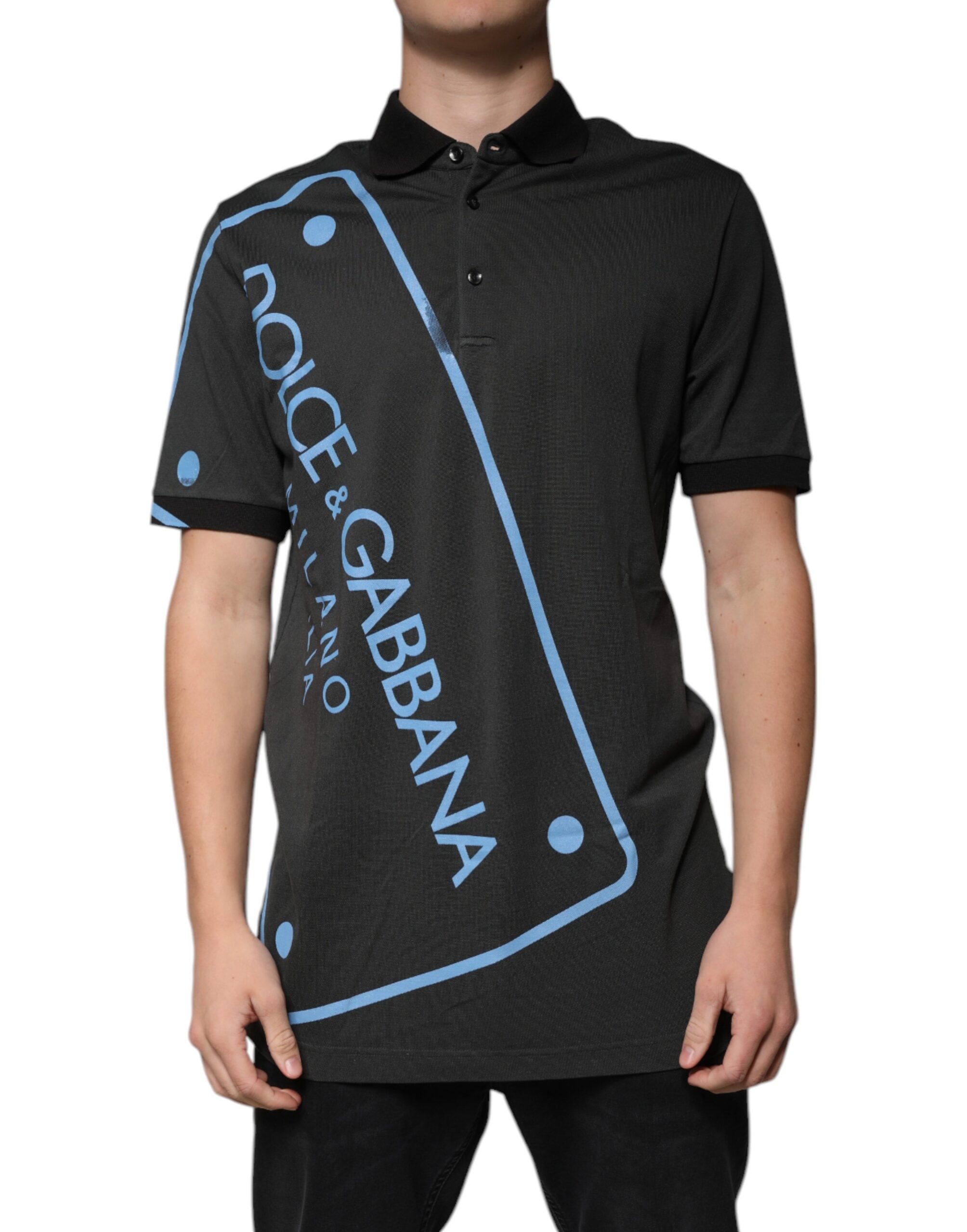 T-shirt polo en coton noir Dolce & Gabbana avec logo imprimé, col classique et style élégant.