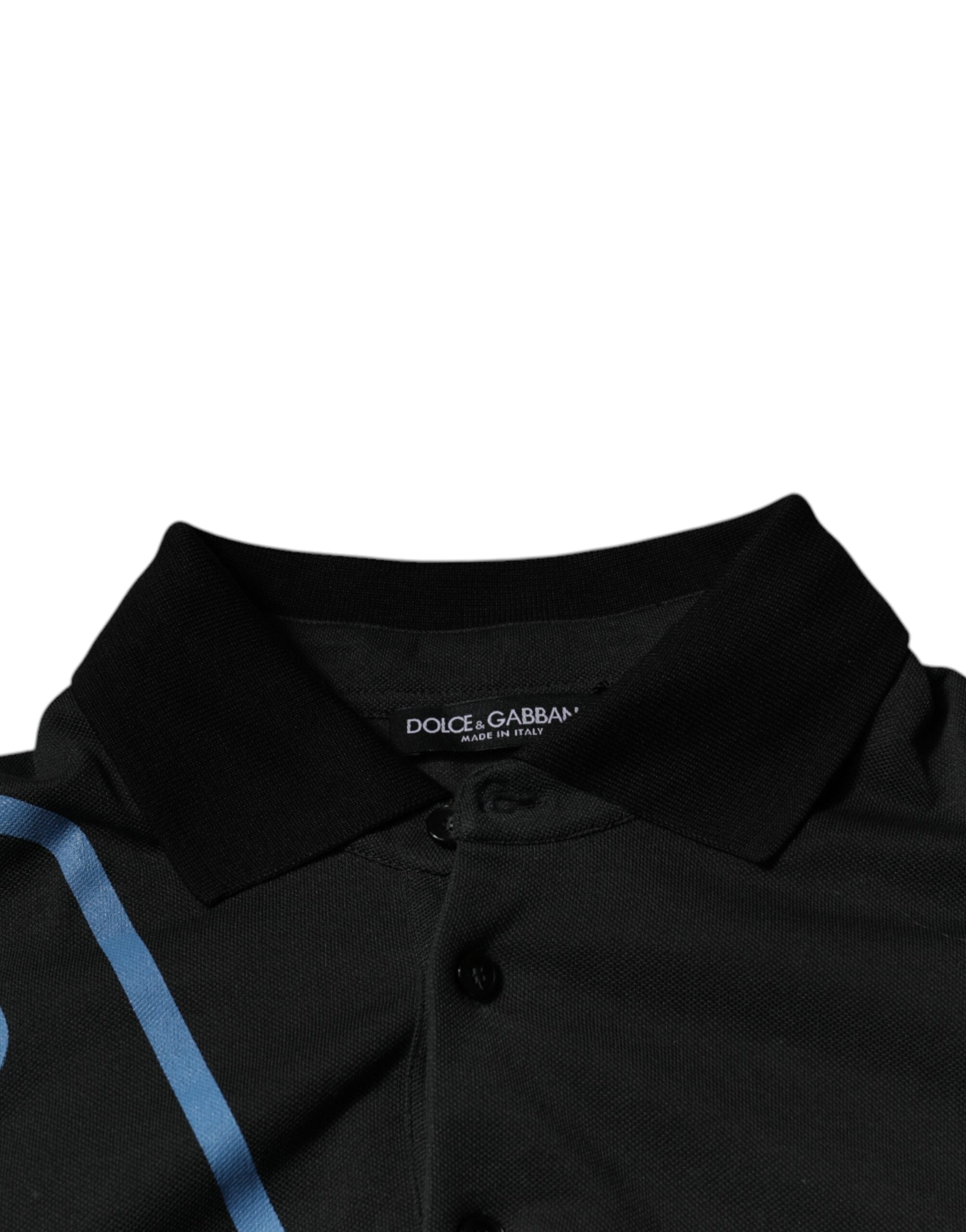 Chemise polo en coton noir Dolce & Gabbana avec logo imprimé, col classique, vue de face.