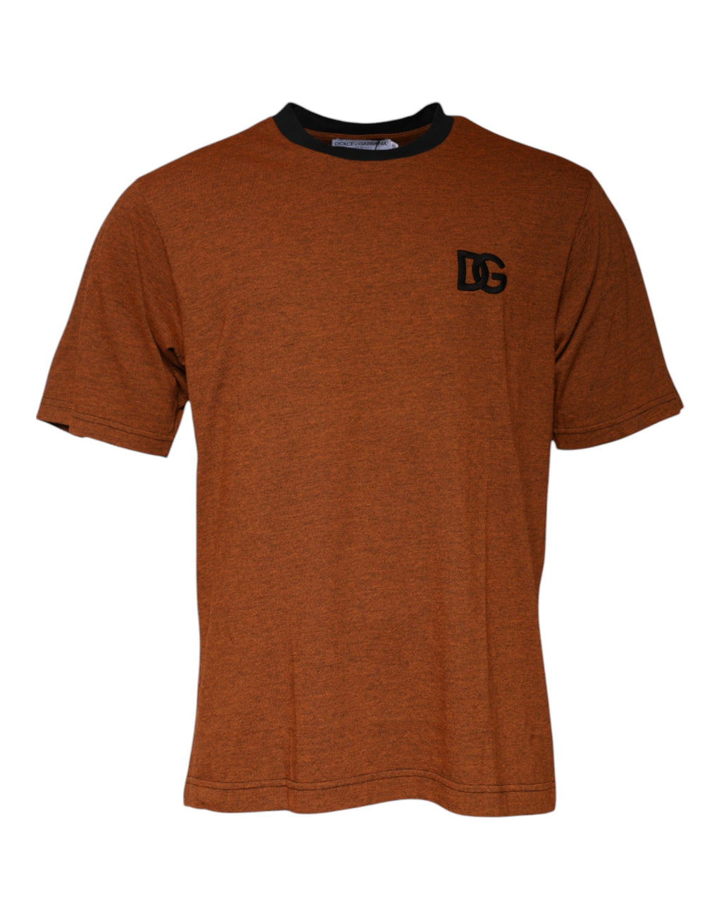 T-shirt à manches courtes en polyester marron Dolce & Gabbana avec logo DG sur la poitrine, col rond, style décontracté.