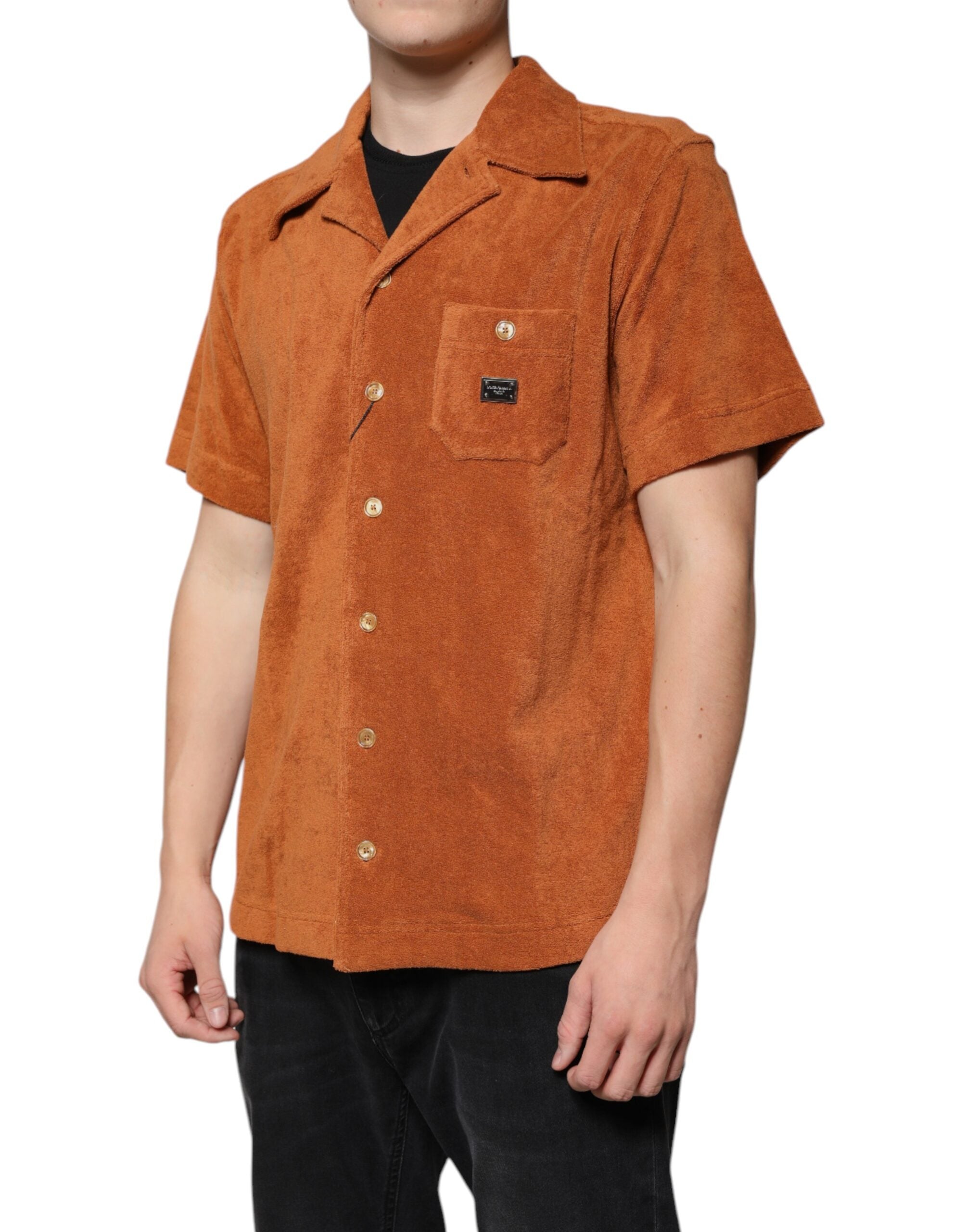 Chemise Dolce & Gabbana en velours de coton Hazel avec col et boutons, vue rapprochée du tissu et des détails.