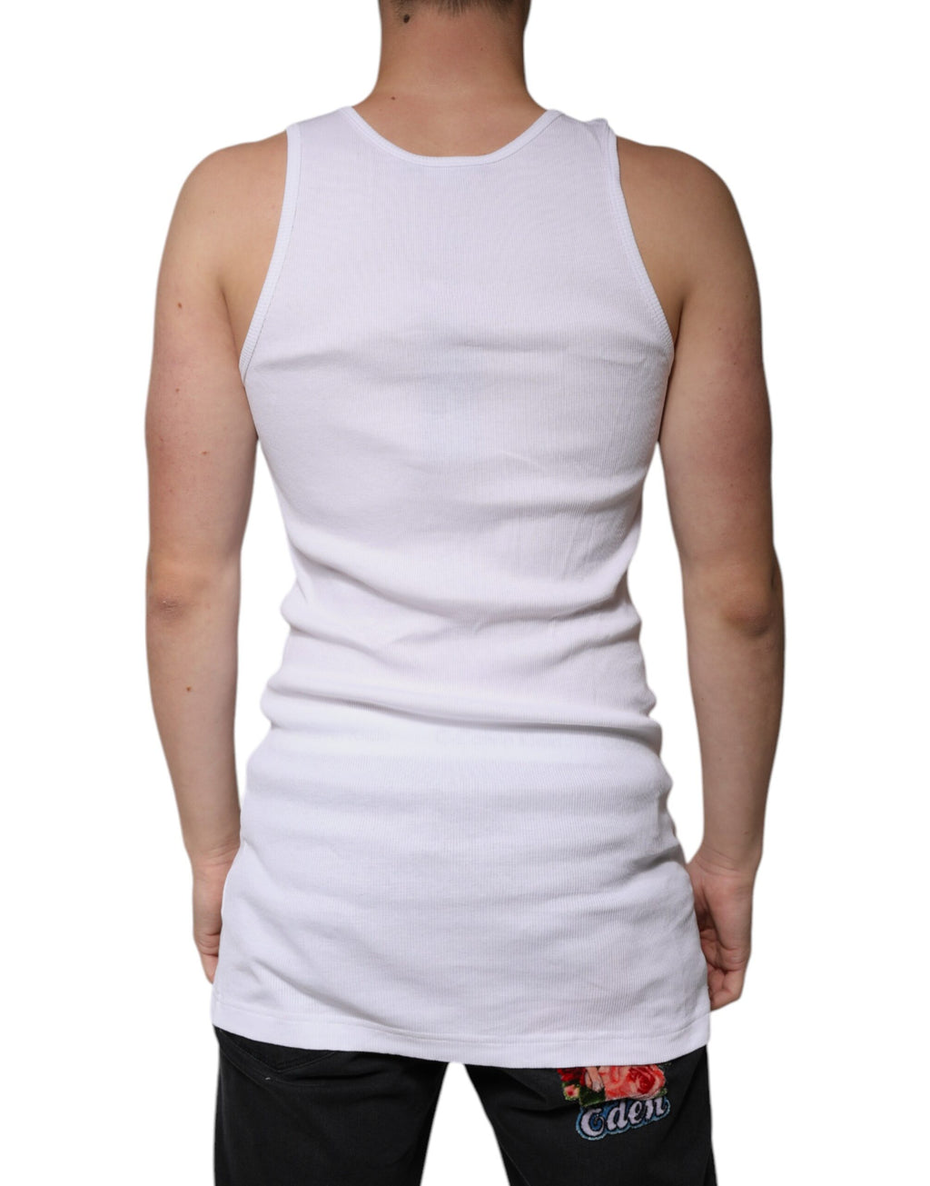 T-shirt sans manches blanc en coton Dolce & Gabbana avec col rond, vue de face, détails du tissu et design épuré.