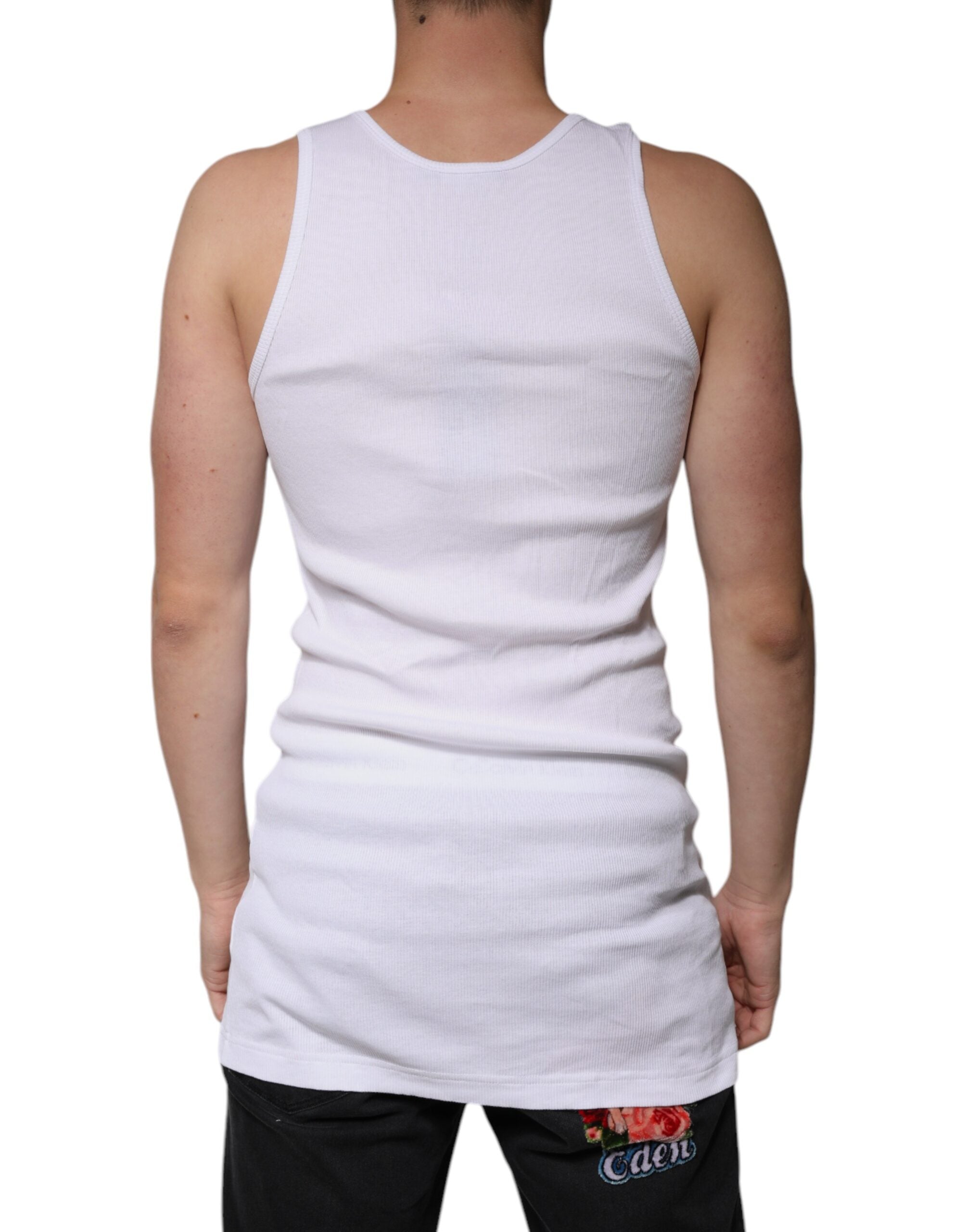 T-shirt sans manches blanc en coton Dolce & Gabbana avec col rond, vue de face, détails du tissu et design épuré.