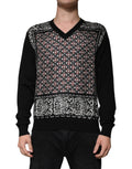 Pull noir en laine Dolce & Gabbana avec logo, col en V, doux et élégant, parfait pour un style sophistiqué.