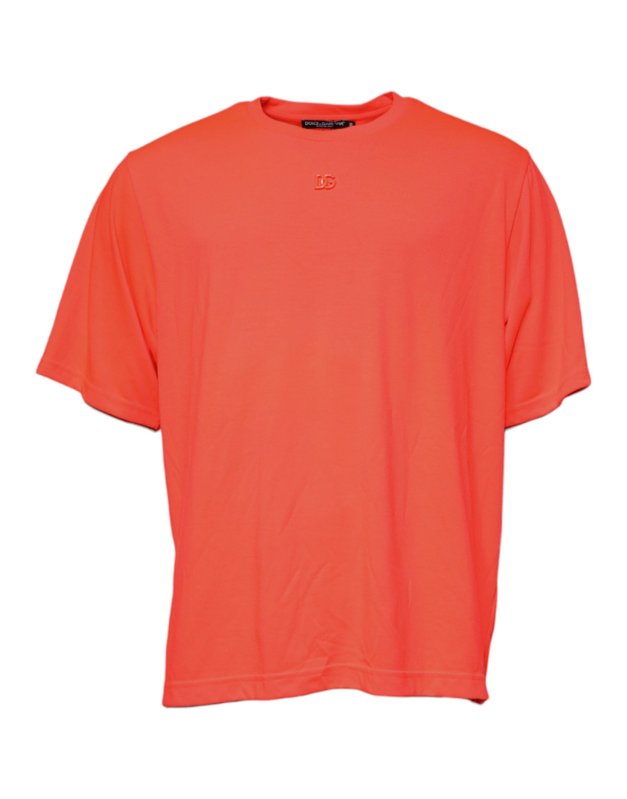 T-shirt Dolce & Gabbana en polyester avec logo orange, col rond, style décontracté, visible en gros plan.