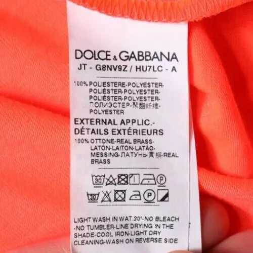 T-shirt en polyester à logo orange de Dolce & Gabbana avec col ras du cou, vue de face, mode décontractée.
