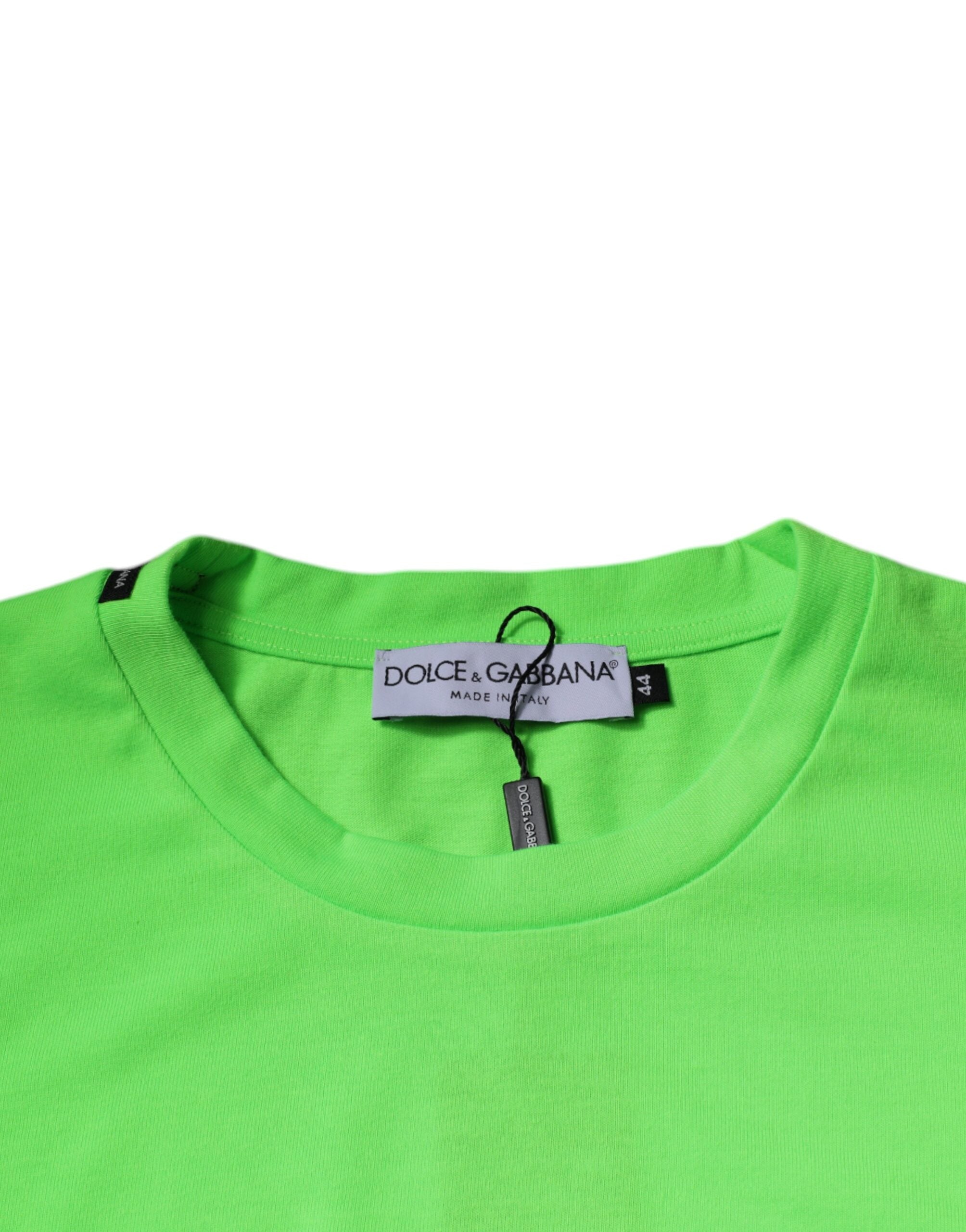 T-shirt en polyester vert avec logo Dolce & Gabbana à col rond, style décontracté et moderne.