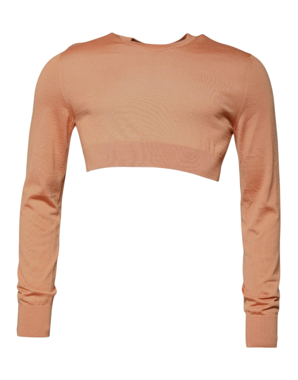 Pull en laine beige Dolce & Gabbana à col rond, coupe courte, porté sur un mannequin.