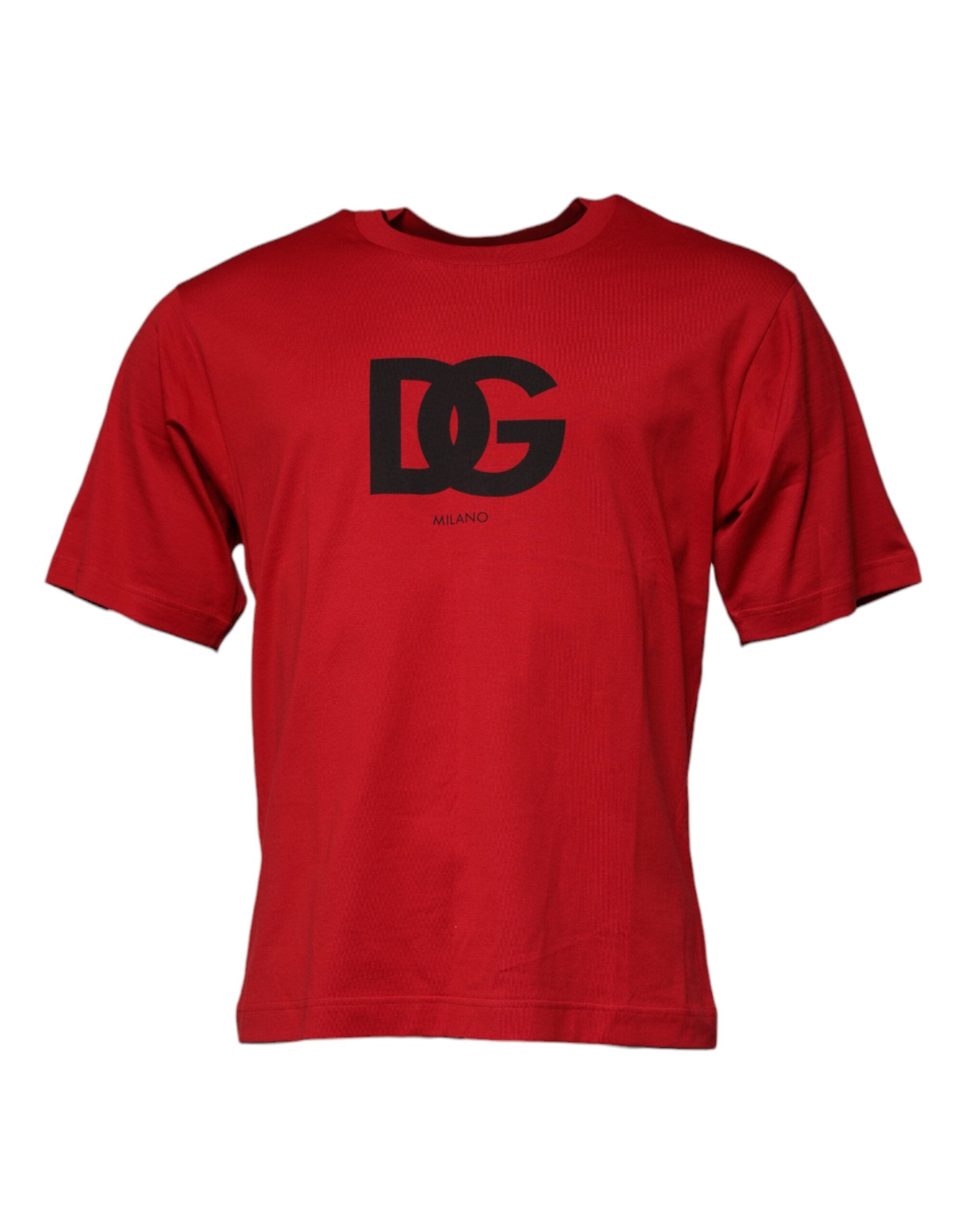 T-shirt en coton rouge avec logo imprimé Dolce & Gabbana, col rond et design élégant, vue de face.