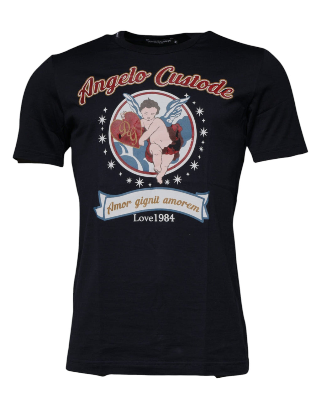 T-shirt à manches courtes Dolce & Gabbana en coton bleu avec motif d'ange imprimé, style décontracté et tendance.