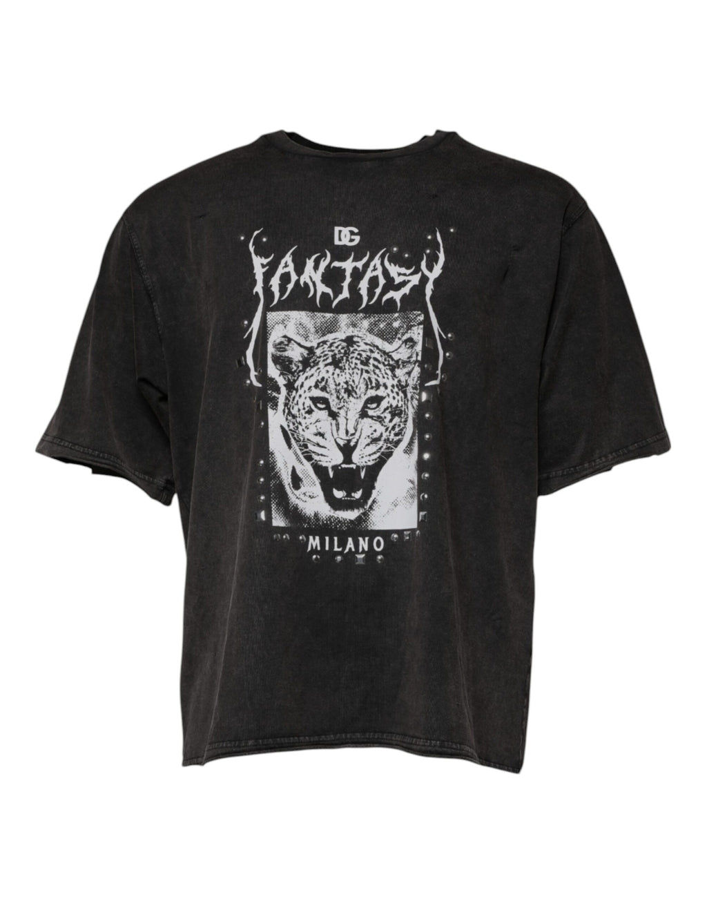T-shirt en coton gris à imprimé léopard de Dolce & Gabbana avec col rond, style décontracté et tendance.