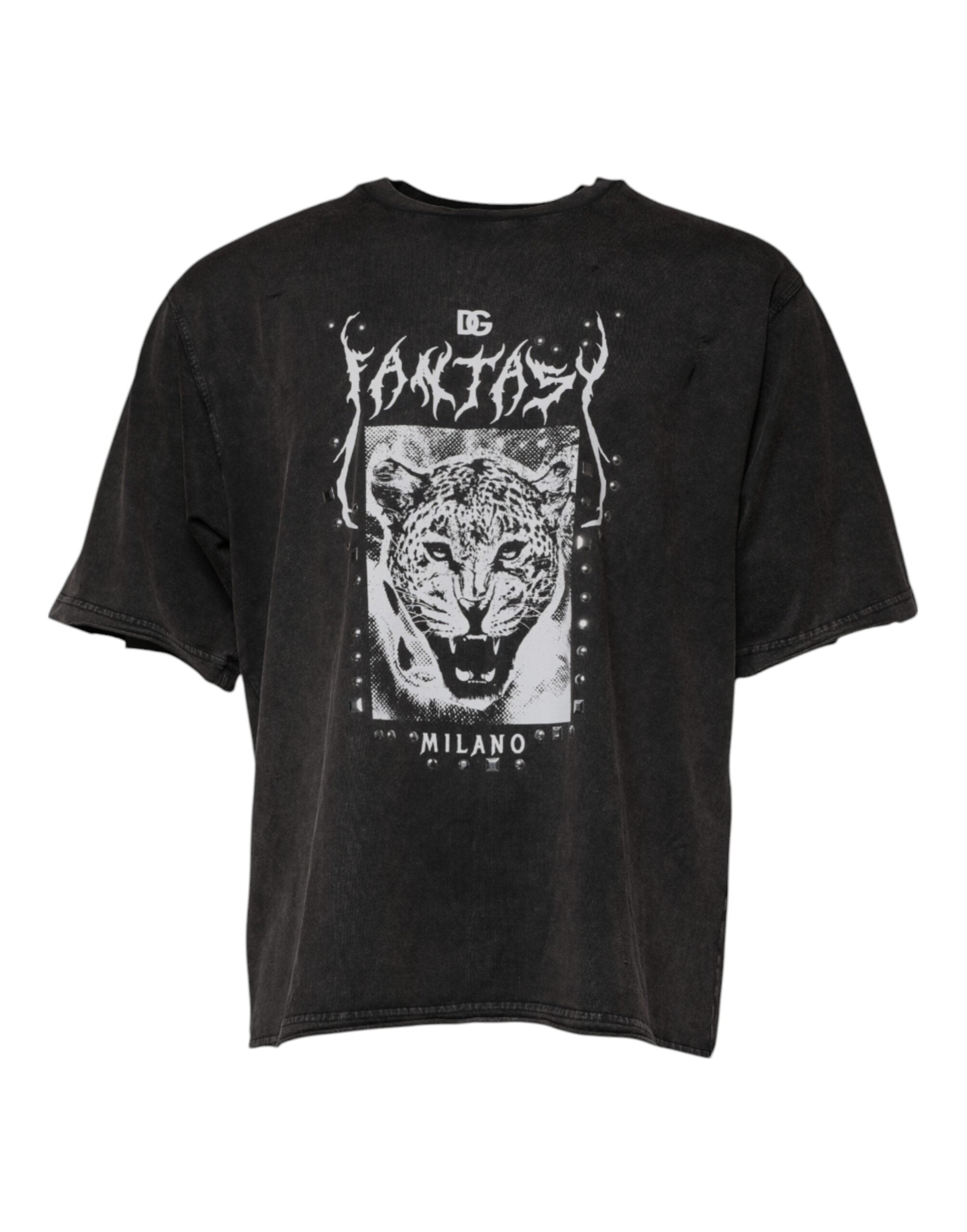 T-shirt en coton gris à imprimé léopard de Dolce & Gabbana avec col rond, style décontracté et tendance.
