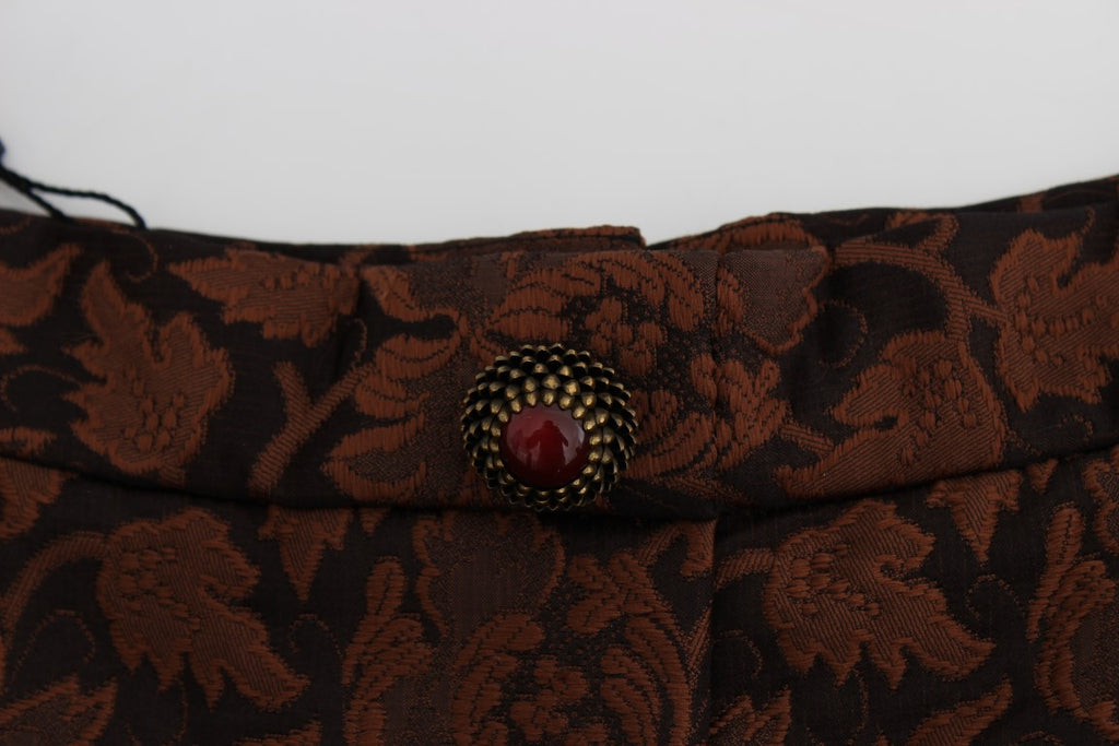 Jupe courte en brocart floral marron de Dolce & Gabbana, style mini bubble, avec motif floral élégant et coupe structurée.