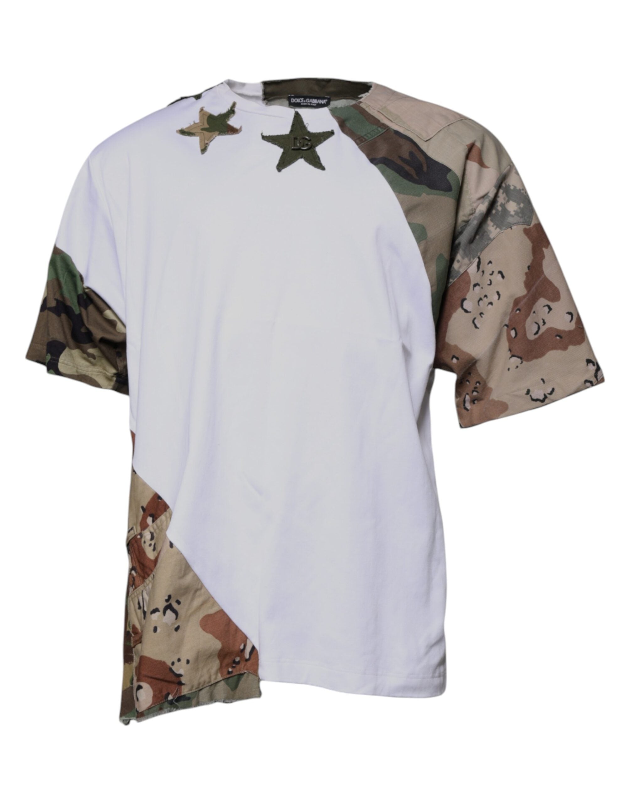 T-shirt blanc à motif camouflage en coton de Dolce & Gabbana avec col rond, porté sur mannequin.