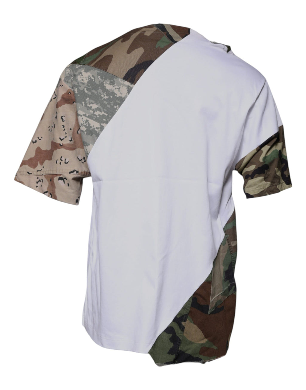 T-shirt blanc en coton à motif camouflage de Dolce & Gabbana avec col rond, vue de face.