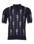 Polo col rond Dolce & Gabbana bleu foncé avec motif de cheval marin, tissu en coton, style élégant et décontracté.