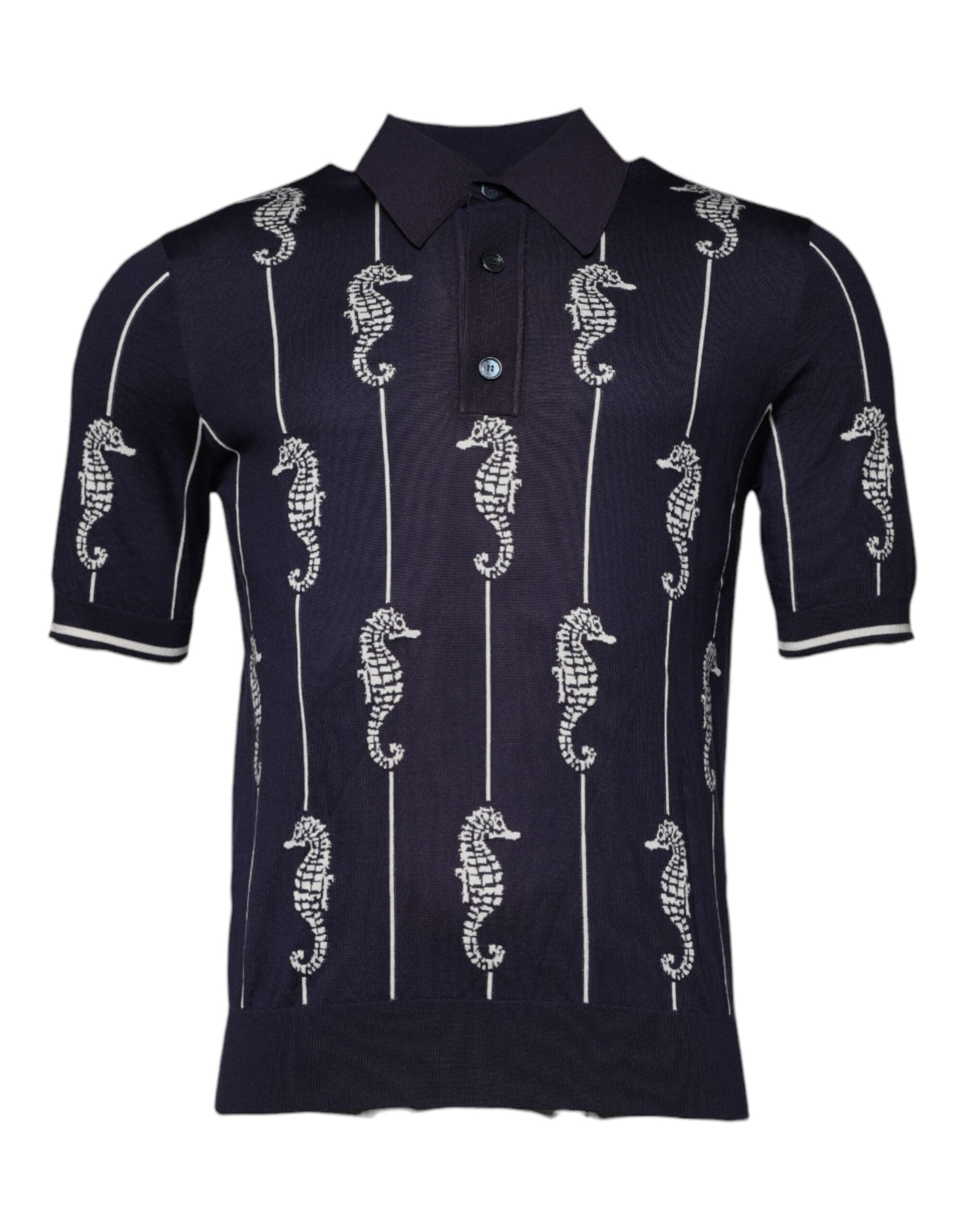 Polo col rond Dolce & Gabbana bleu foncé avec motif de cheval marin, tissu en coton, style élégant et décontracté.
