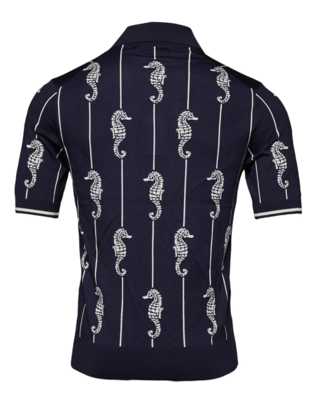 T-shirt polo Dolce & Gabbana bleu foncé avec motif de cheval marin et col, en coton élégant.