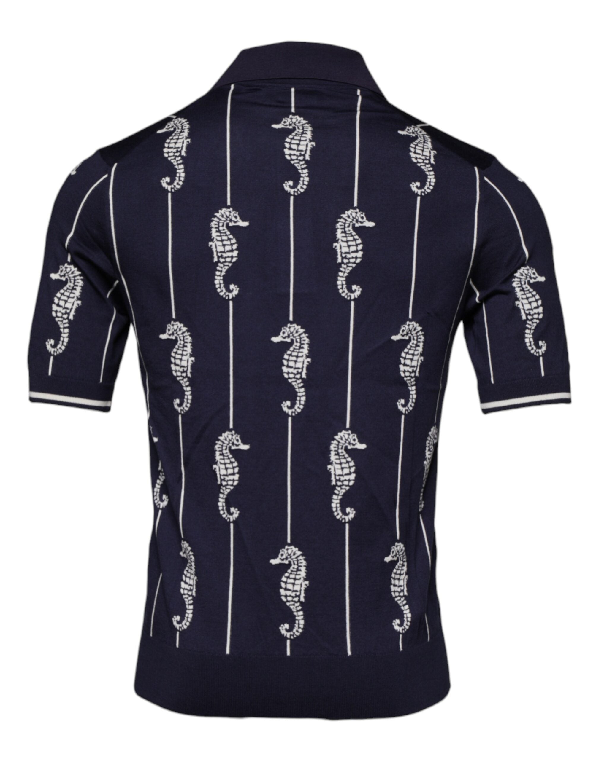 T-shirt polo Dolce & Gabbana bleu foncé avec motif de cheval marin et col, en coton élégant.