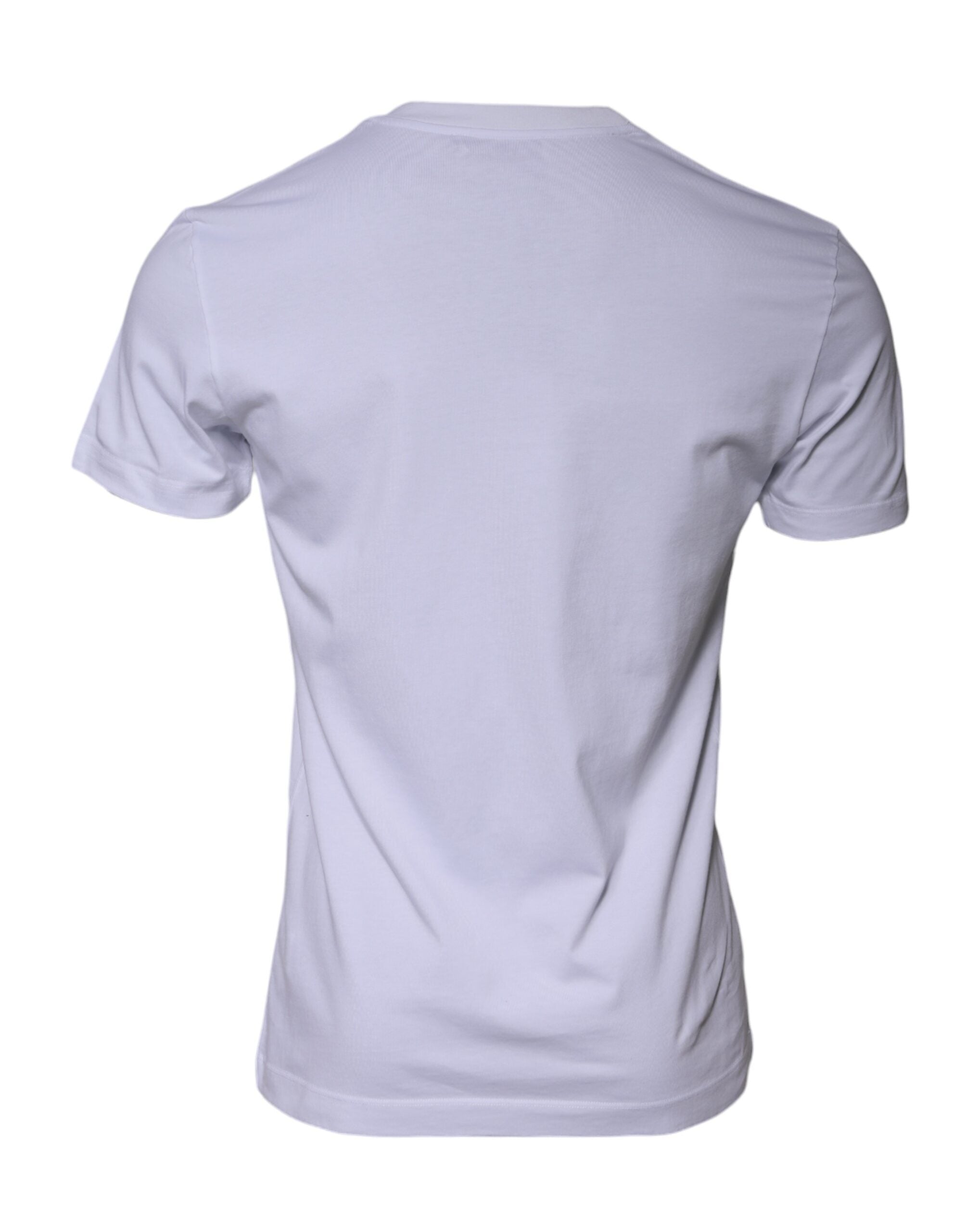 T-shirt en coton blanc Dolce & Gabbana avec logo imprimé, col rond, vue de face, détail de la marque.