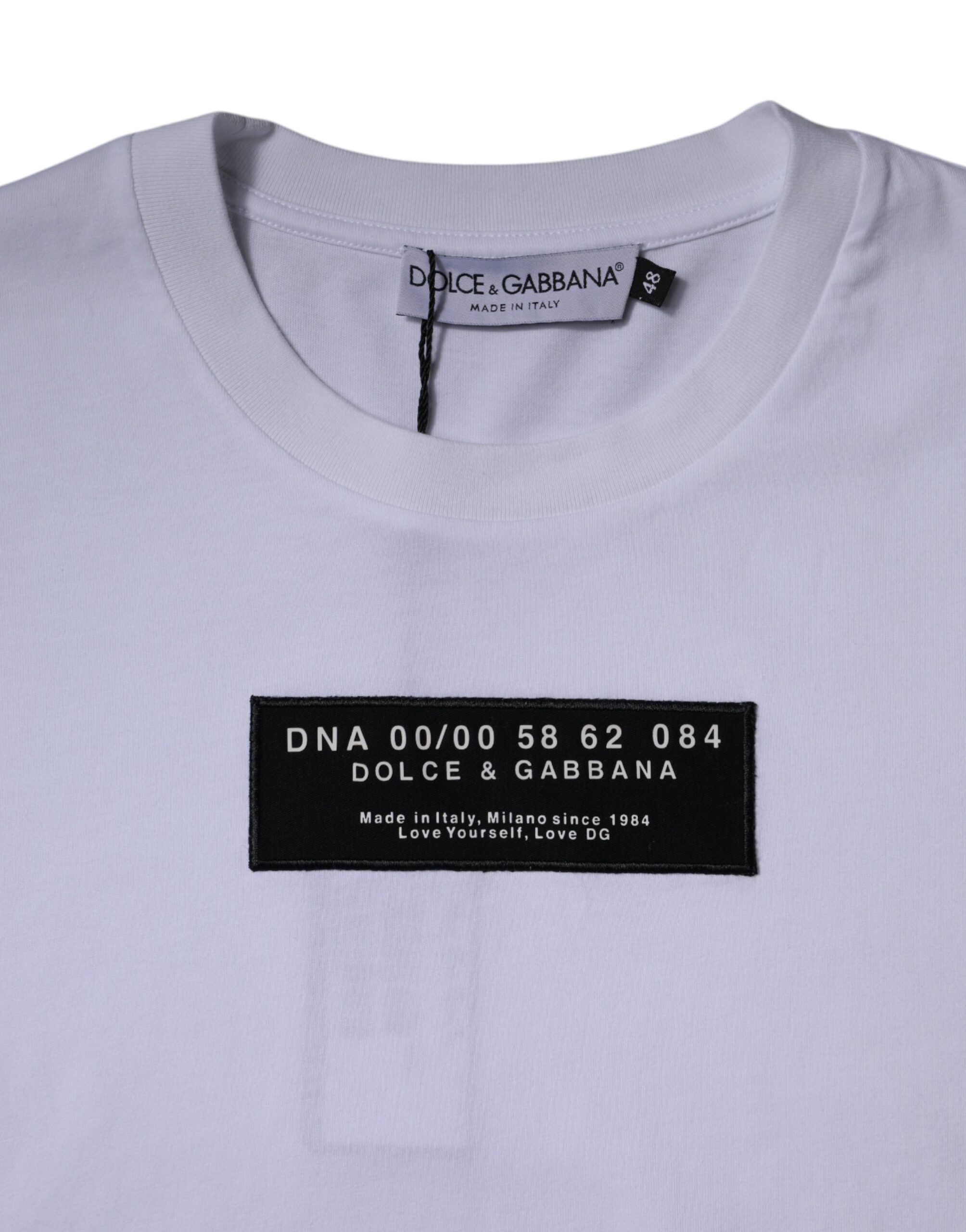 T-shirt blanc en coton avec logo imprimé de Dolce & Gabbana, col rond et style décontracté.