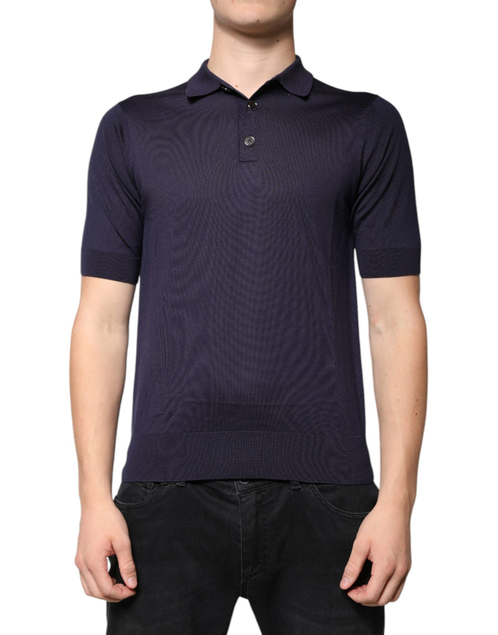 Polo Dolce & Gabbana en soie bleue à col avec manches courtes, élégant et sophistiqué, pour homme.
