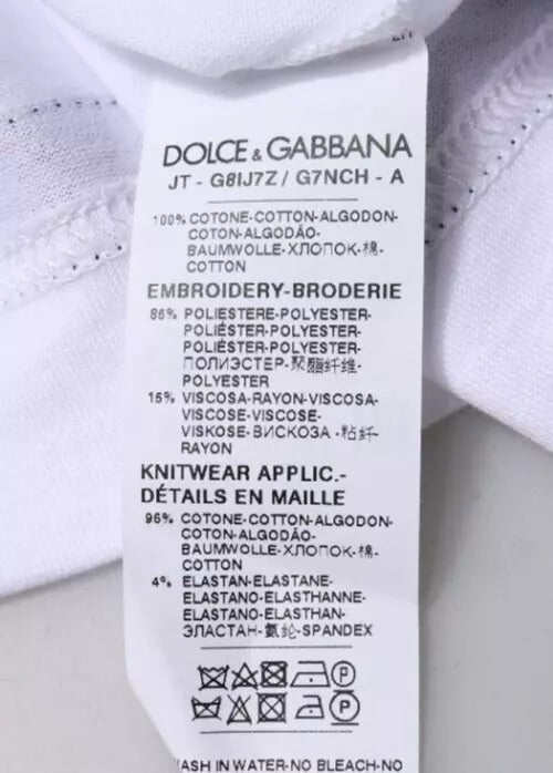 T-shirt blanc Dolce & Gabbana en jersey à col rond à manches courtes, vue de face, détail du vêtement.