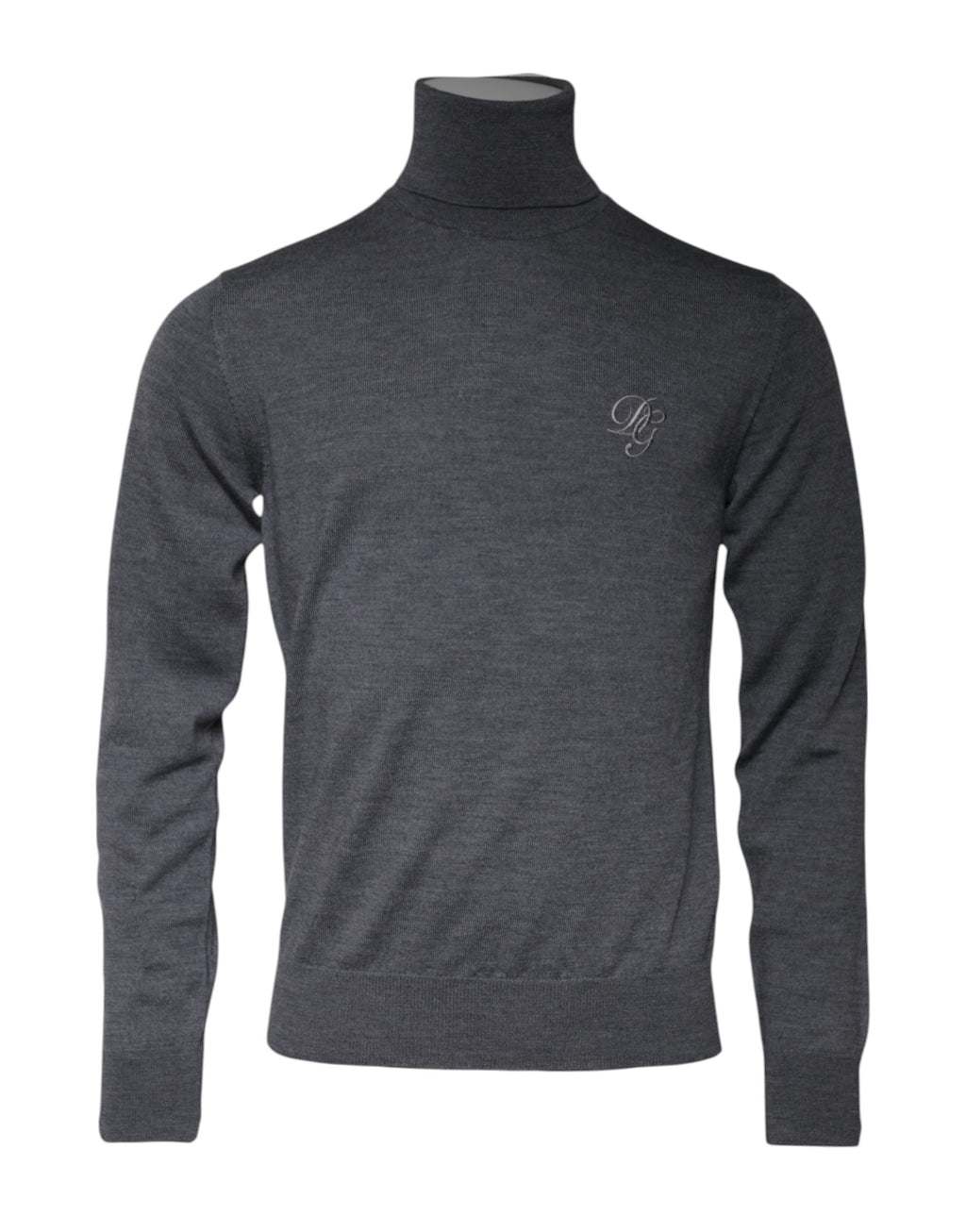Pull à col roulé gris en laine Dolce & Gabbana avec logo, détail visible, élégant et chaud pour l'hiver.