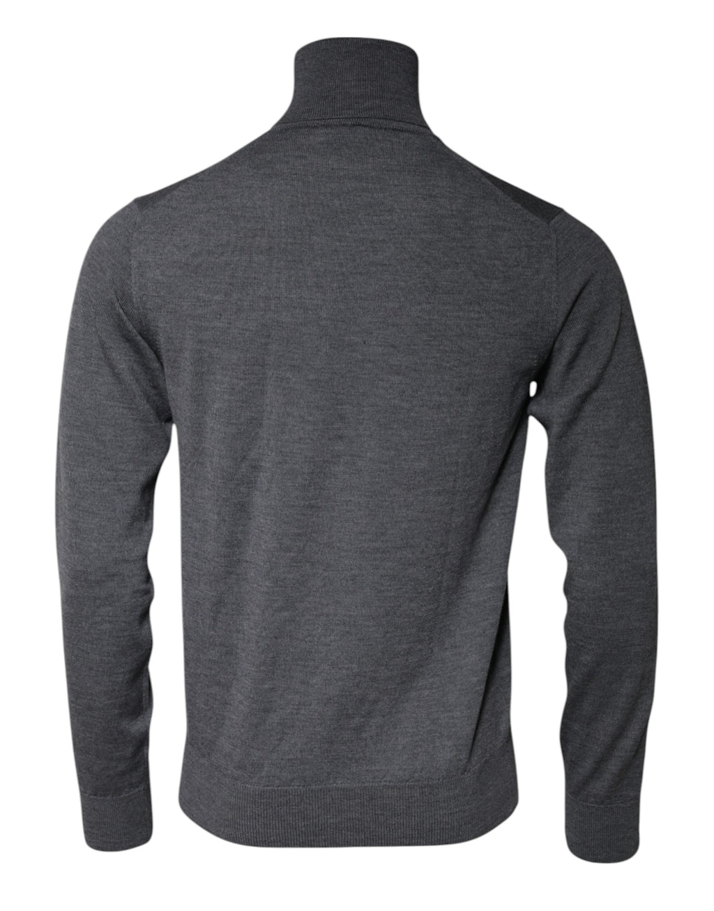 Pull en laine gris Dolce & Gabbana avec logo, col roulé, vue en détail montrant la texture du tissu et le design élégant.