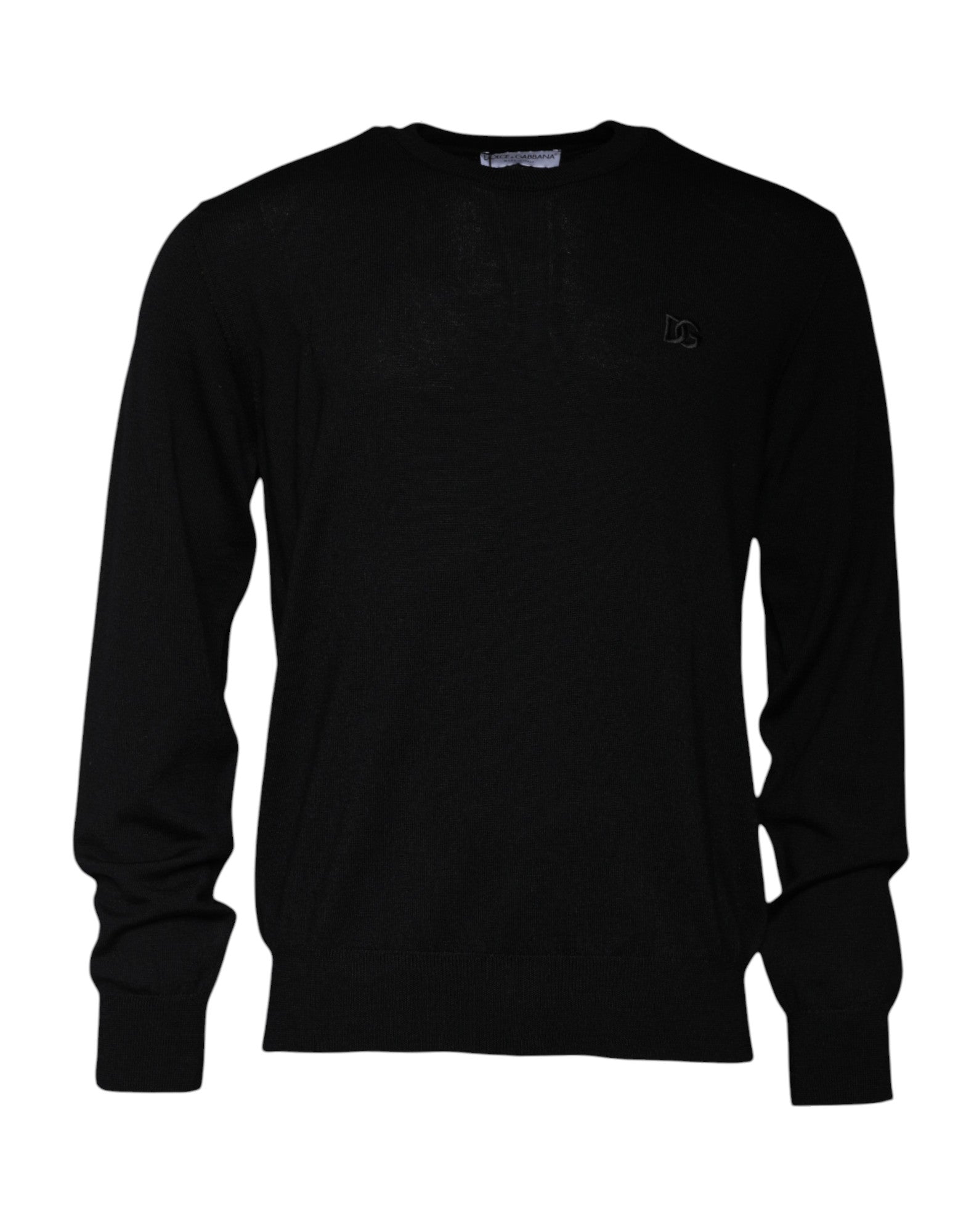 Pull en laine noir Dolce & Gabbana avec logo, col rond, détails élégants et texture visible.