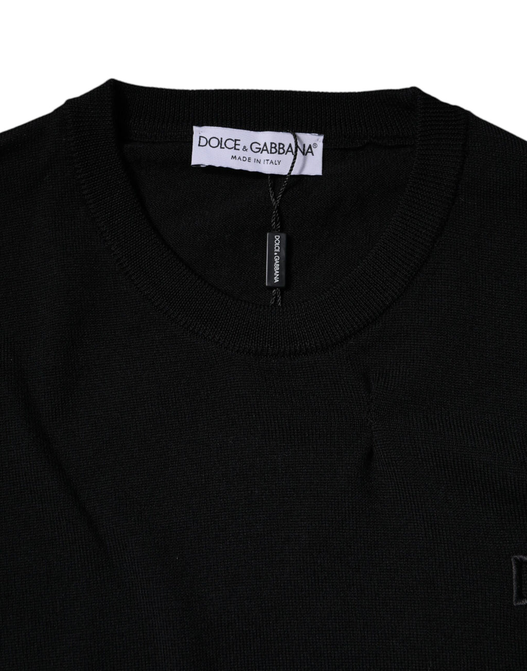 Pull-over en laine noir Dolce & Gabbana avec logo, col ras du cou, design élégant et confortable.