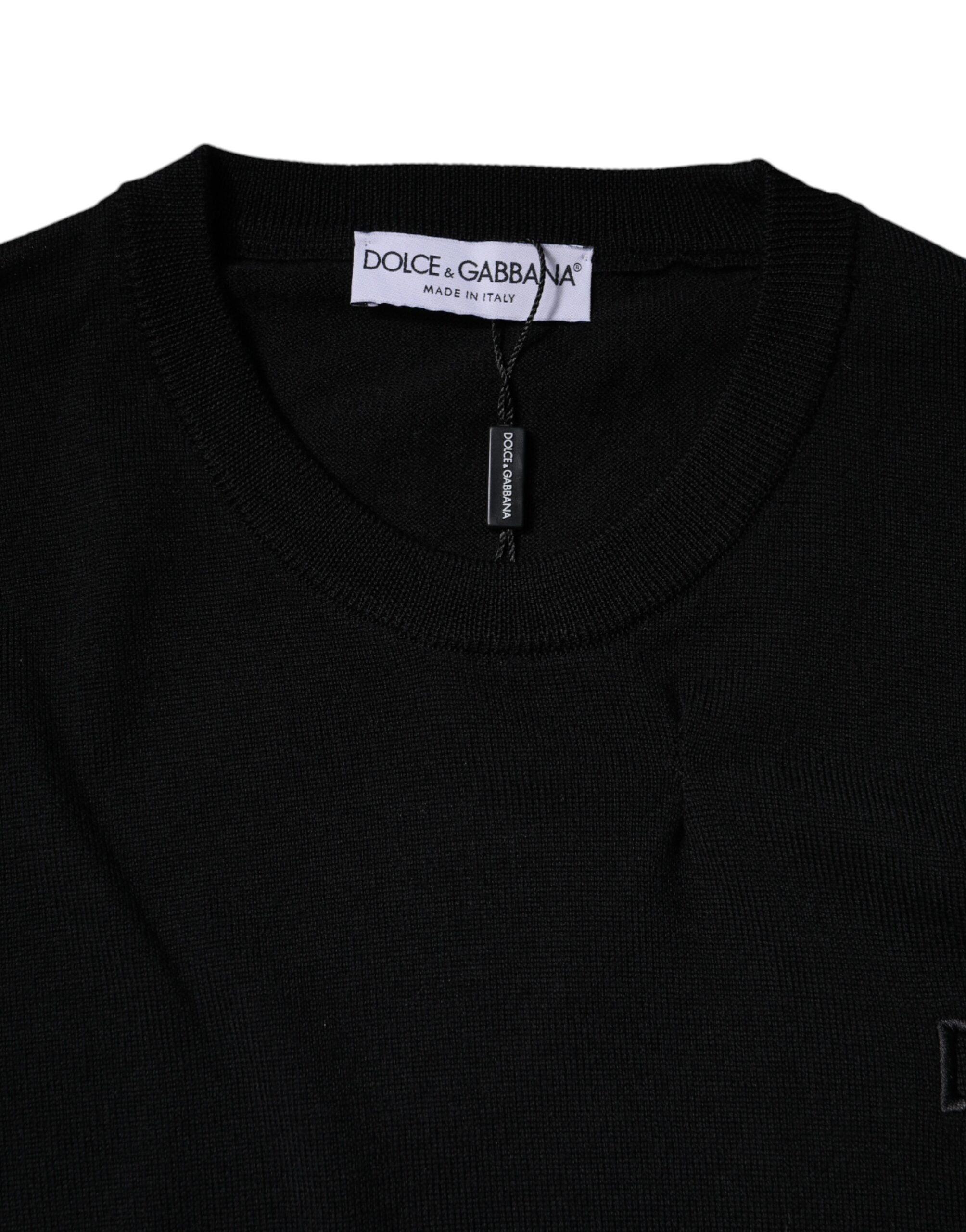 Pull-over en laine noir Dolce & Gabbana avec logo, col ras du cou, design élégant et confortable.