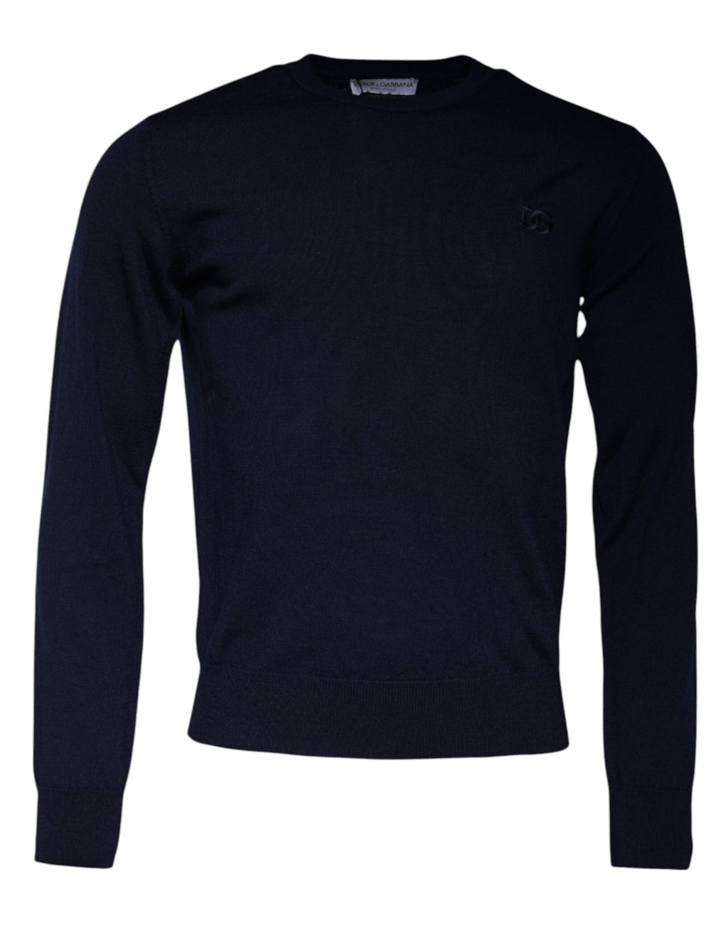 Pull en laine bleu Dolce & Gabbana avec logo DG, col rond, style élégant et classique, visible sur l'image.