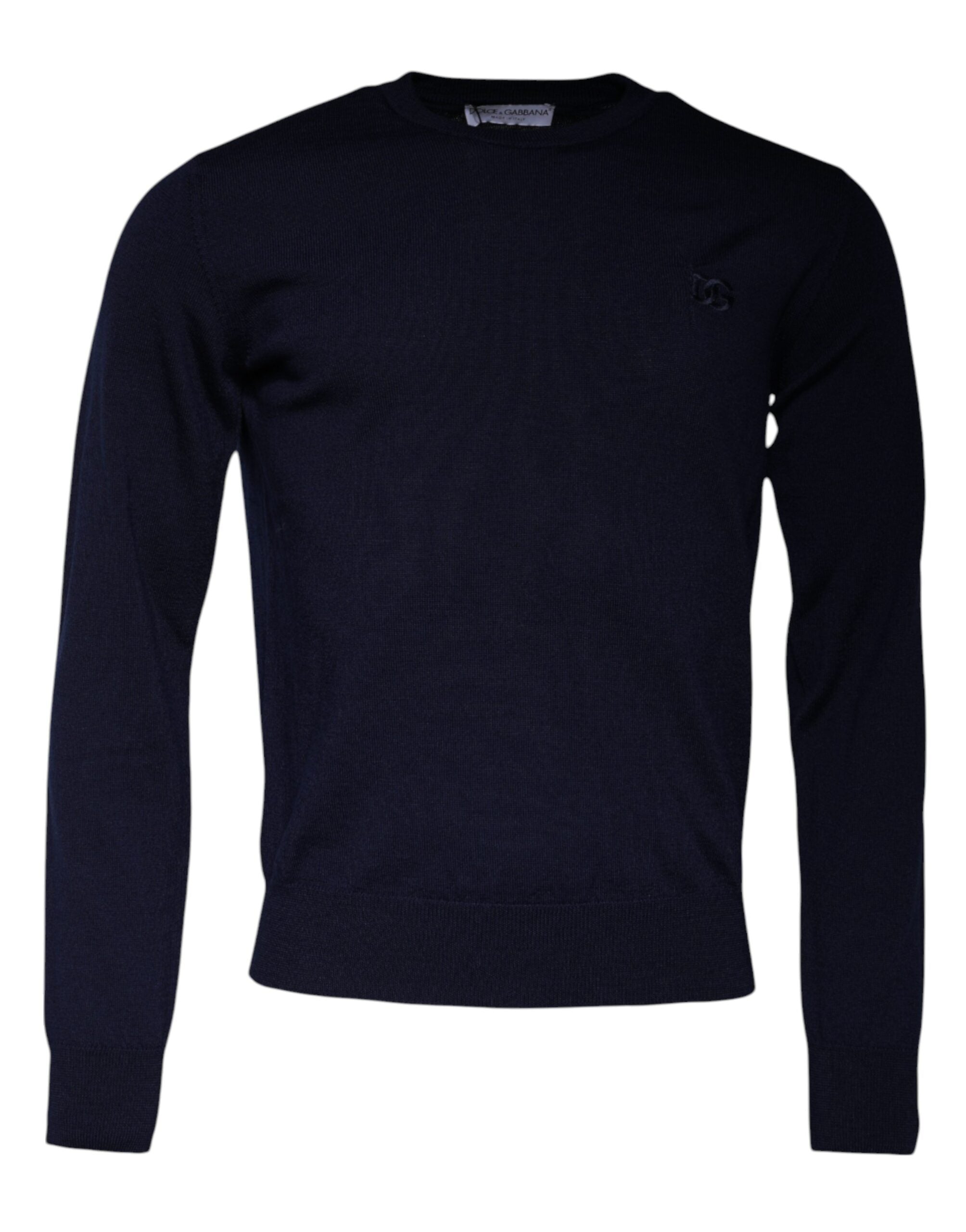 Pull en laine bleu Dolce & Gabbana avec logo DG, col rond, style élégant et classique, visible sur l'image.