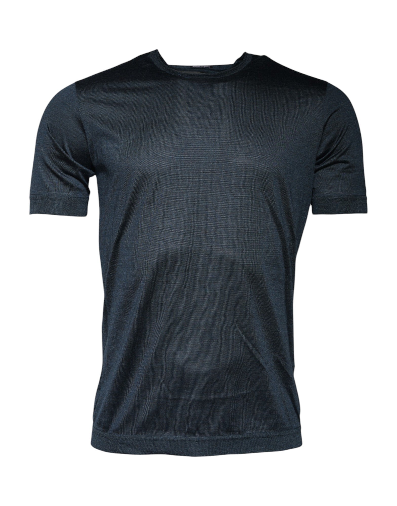 T-shirt Dolce & Gabbana en soie bleu foncé à manches courtes et col rond, vue de face.