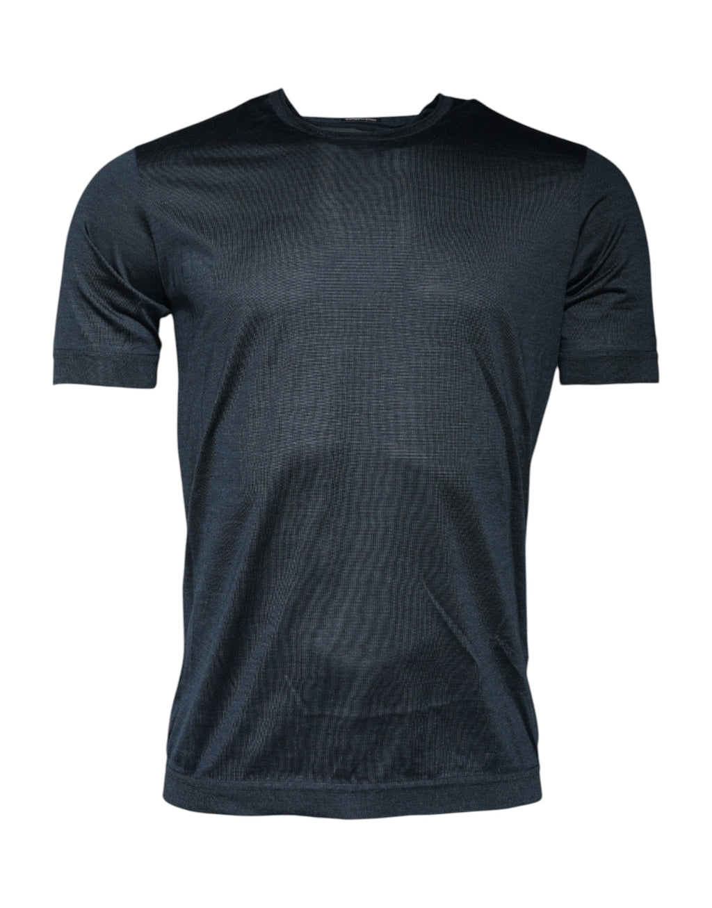 T-shirt en soie bleu foncé Dolce & Gabbana à col ras du cou et manches courtes, vue de face.
