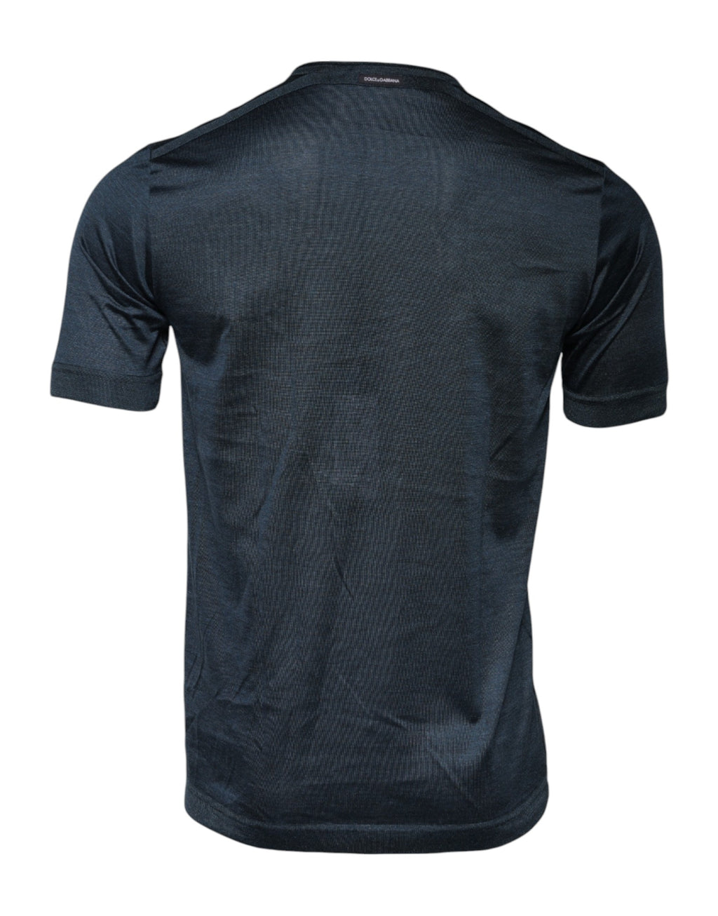 T-shirt manches courtes en soie bleu foncé de Dolce & Gabbana, col rond et coupe élégante, vue de face.