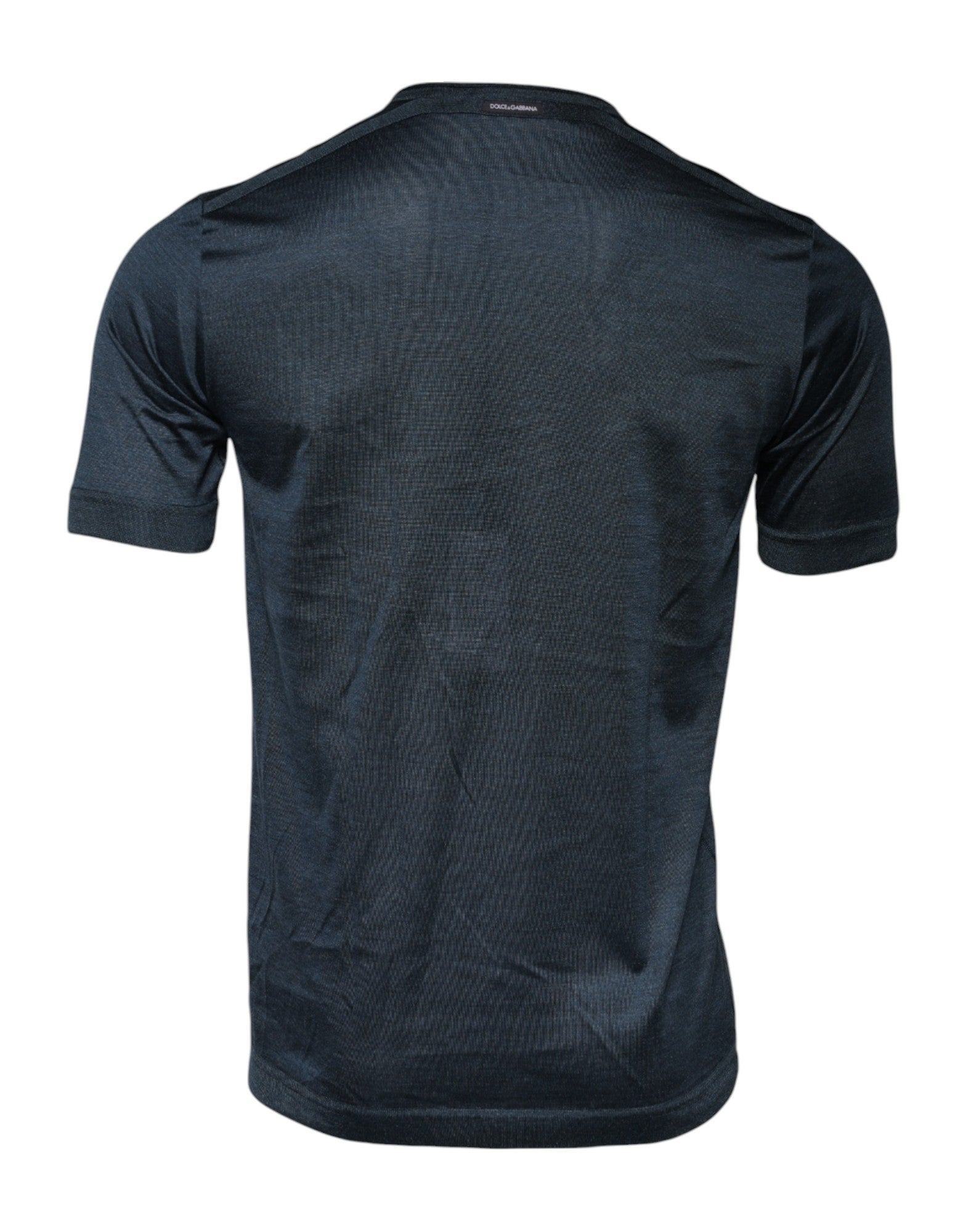 T-shirt manches courtes en soie bleu foncé de Dolce & Gabbana, col rond et coupe élégante, vue de face.