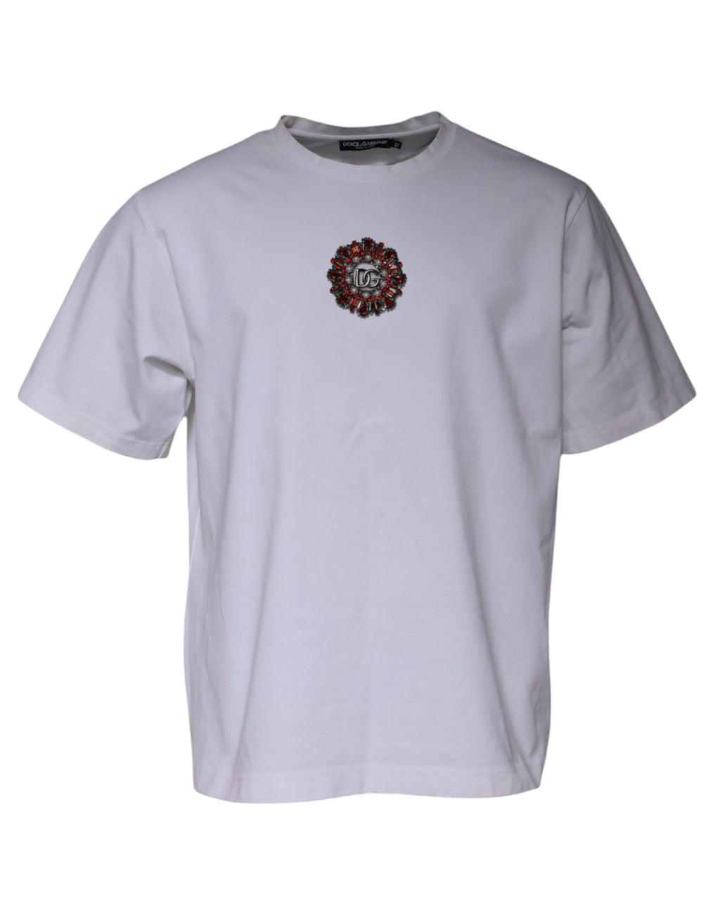 T-shirt blanc Dolce & Gabbana à logo orné, col rond, en coton avec détails embellis, vue de face.